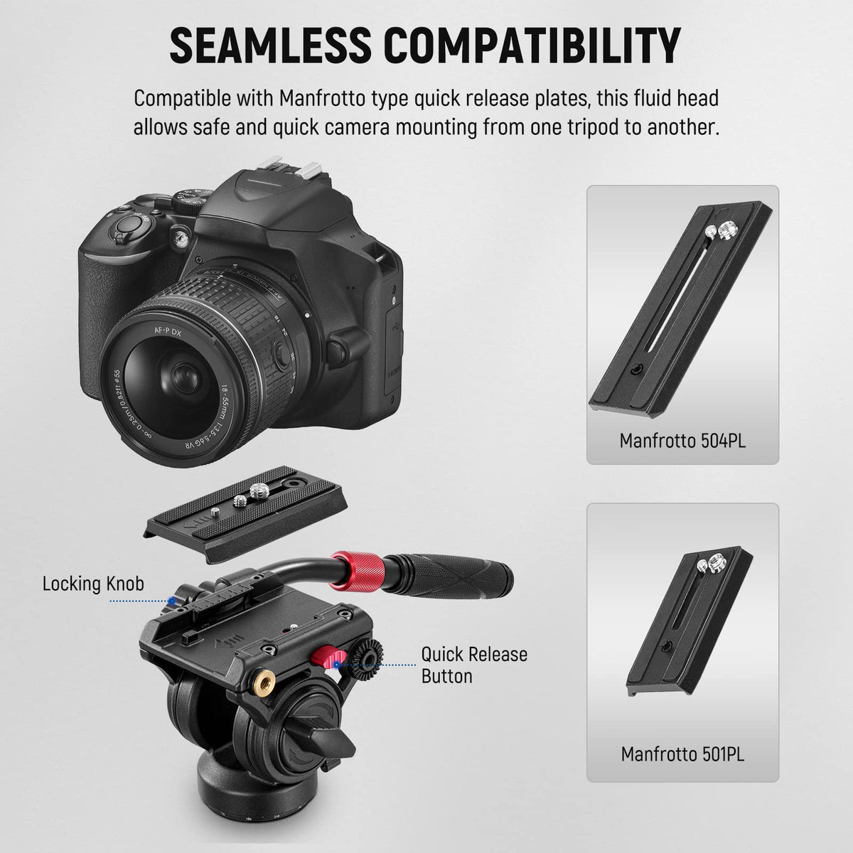 NEEWER Video Tripod Fluid Head with Quick Release Plate, compatible with Manfrotto, telescopic handle & panorama scaled base (⌀55mm), max. load 13.2lb/6kg, high load capacity for DSLR video cameras, GM001