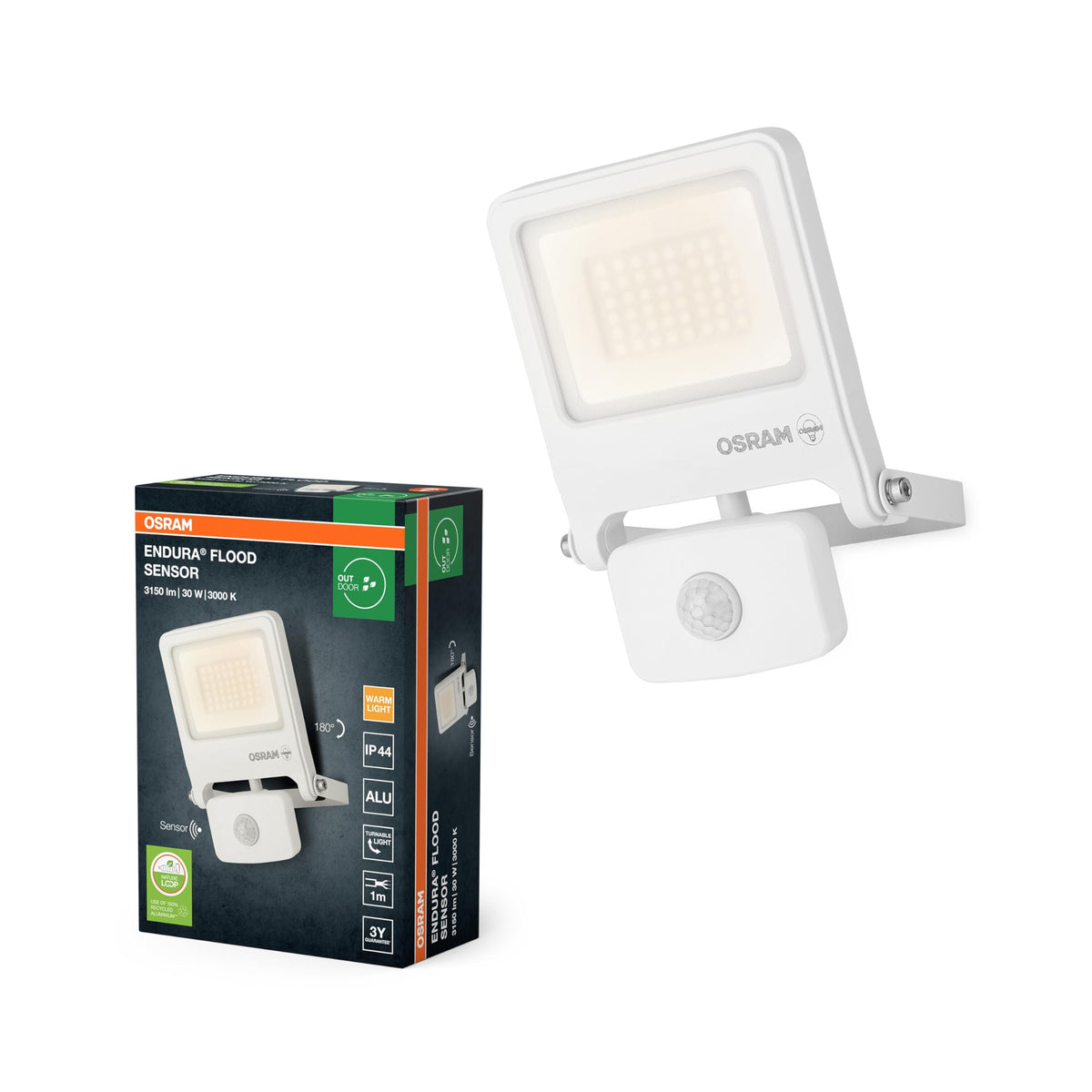 Osram ENDURA FLOOD PC LED Floodlight 30W 3000K Sensor White - 4099854487231