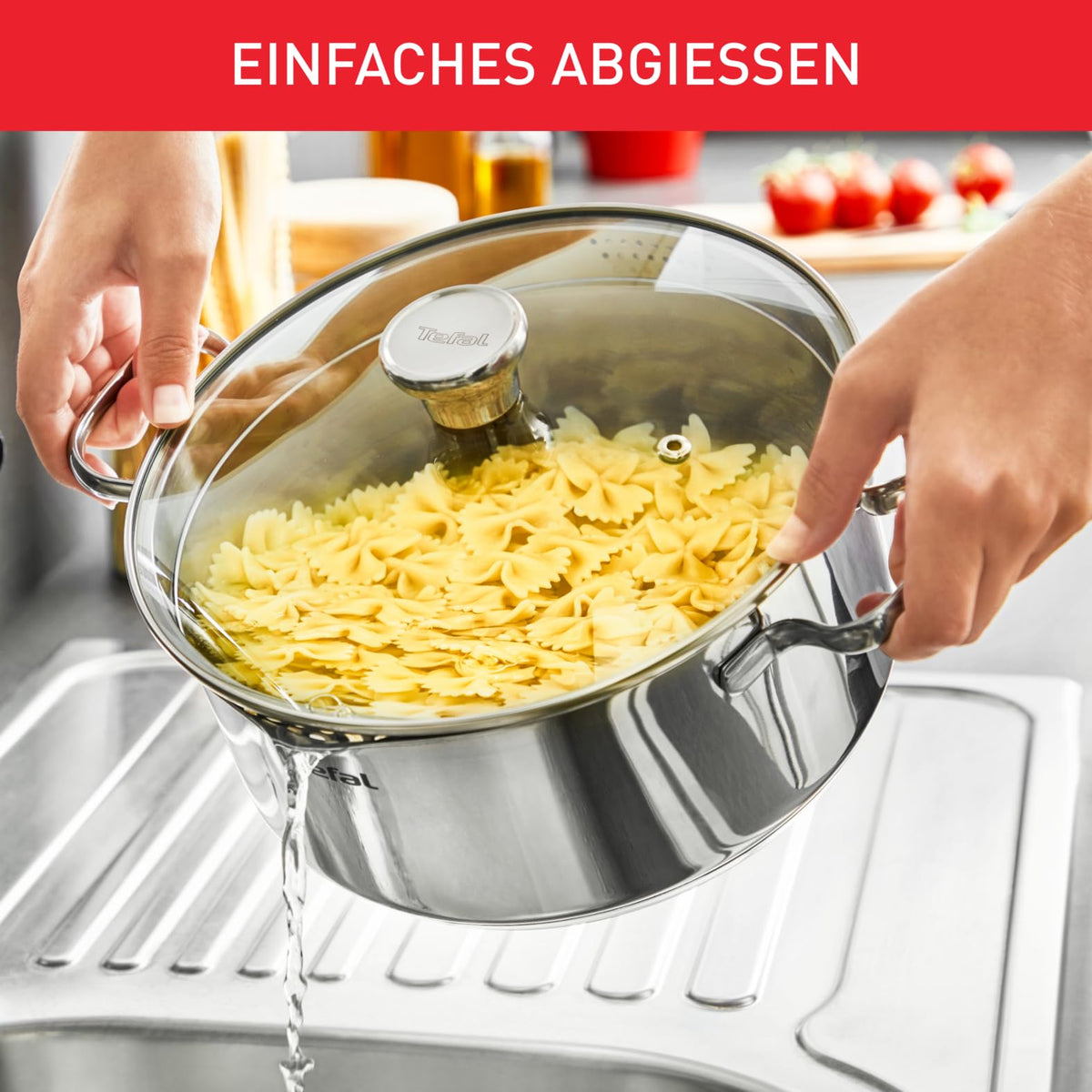 Tefal A70546 Duetto Oală | 24 cm | compatibilă cu inducție | curățare ușoară în mașina de spălat vase | scară de măsurare | capac din sticlă pentru scurgere | oțel inoxidabil