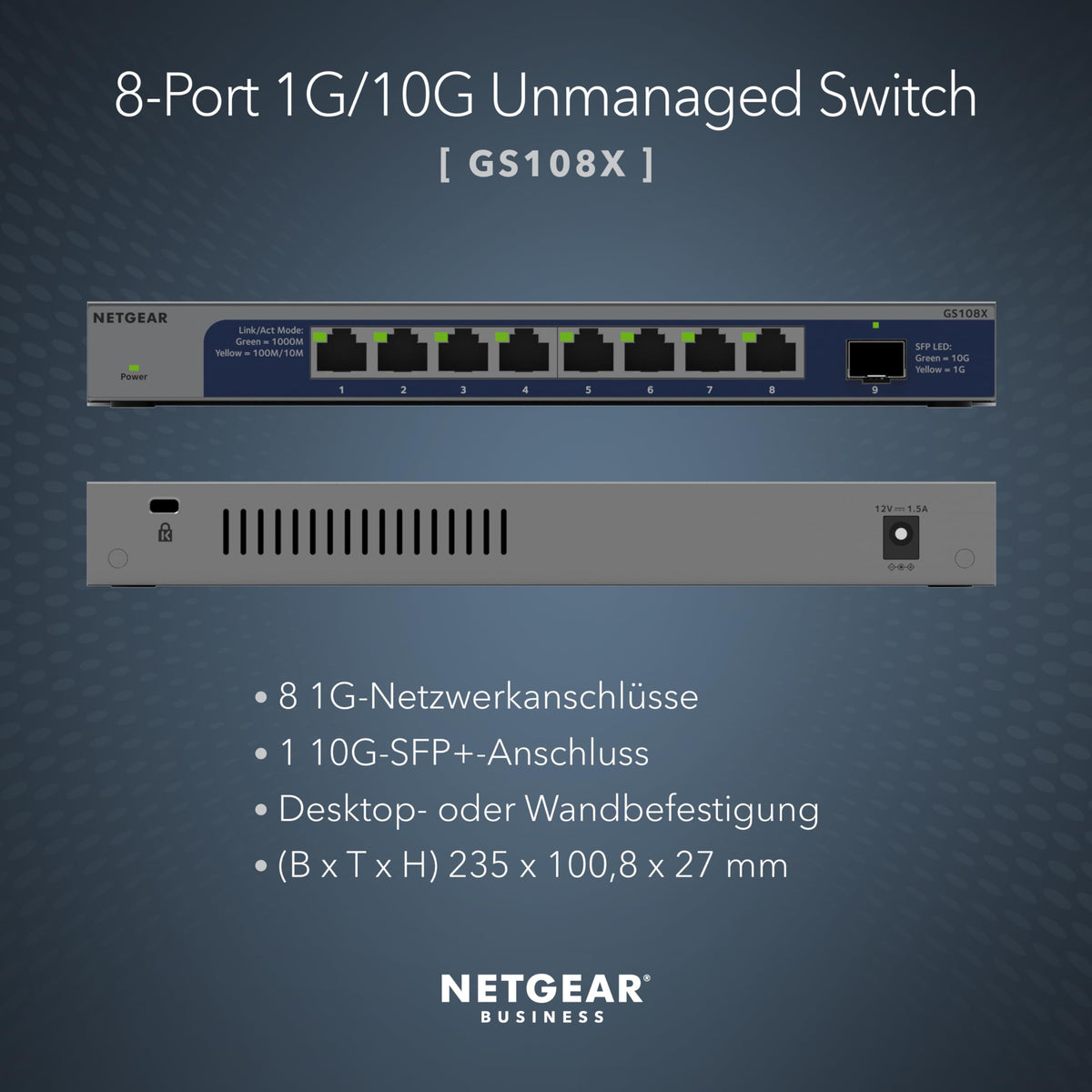 NETGEAR Switch Ethernet Gigabit Unmanaged cu 8 porturi 1G/10G (GS108X) - Cu 1 x 10G SFP+, montare pe birou sau rack și garanție limitată pe întreaga durată de utilizare. - GS108X-100EUS