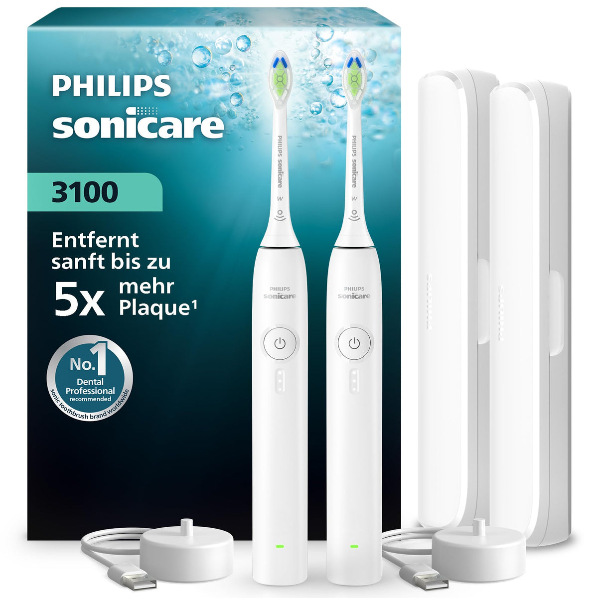 Philips Sonicare Series 3100 Periuță de dinți electrică – Periuță sonică cu senzor de presiune, 3 intensități, EasyStart, SmarTimer, 14 zile autonomie, etui de călătorie, alb, set de 2, HX4072/41, [Nou]