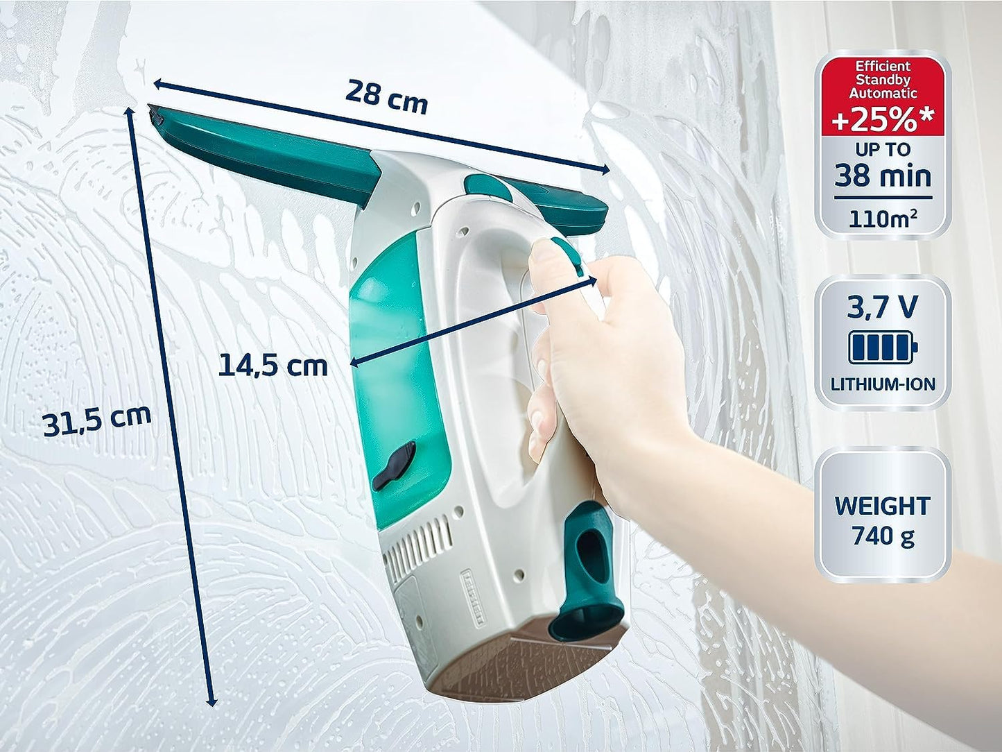Leifheit window vacuum set Dry & Clean with handle and washer for 360° streak-free cleaning, window cleaner can be used for up to 38 minutes, window cleaner with automatic stand-by and click system - 51003