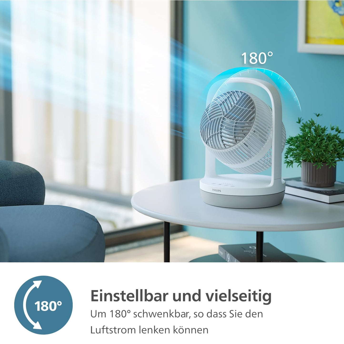 PHILIPS table fan series 2000. Strong & super quiet with SilentWings technology. 23dB. Air circulation. Tilt 180° adjustable. 12 hour timer. Bedroom, Home & Office. White (CX2050/00)