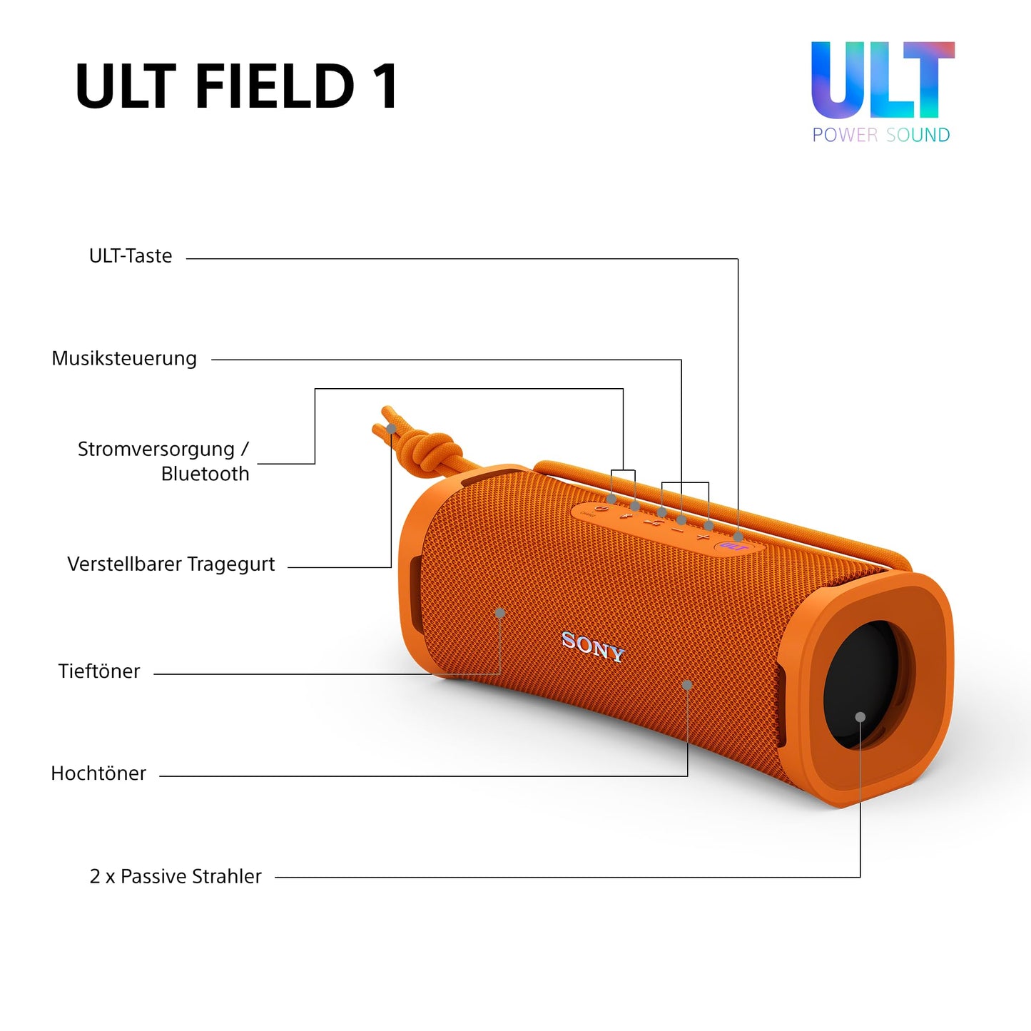 Sony ULT Field 1 - Wireless portable Bluetooth speaker with ULT Power Sound, powerful bass, IP67, waterproof, dustproof, shockproof, 12h battery, clear call quality, outdoor - orange - SRSULT10D.CE7