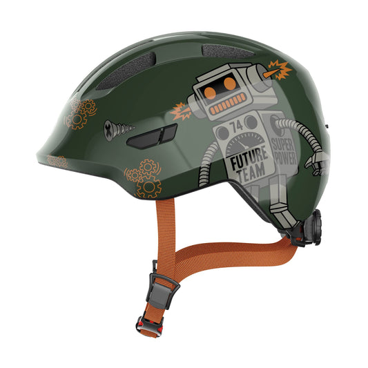ABUS children's helmet Smiley 3.0 - bicycle helmet with a deep fit, child-friendly designs & space for a braid - for girls and boys - green with robot pattern, size M - 67268