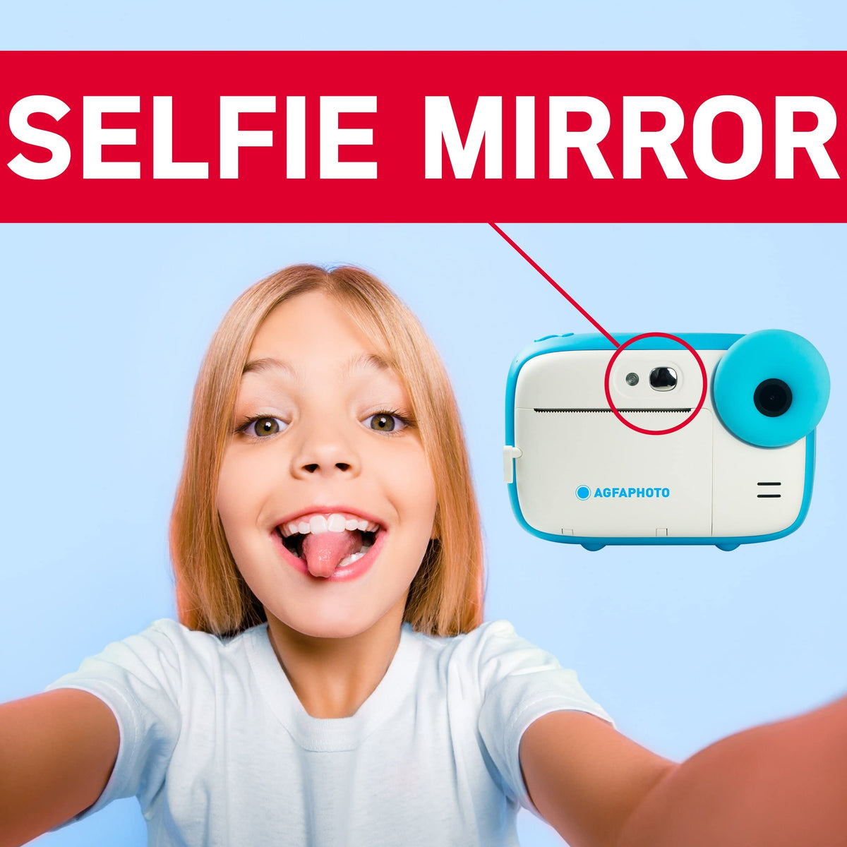 AGFA Photo Realikids Instant Cam + 1 Micro-SD Card 32 GB – Instant camera for kids, 2.4-inch LCD display, lithium battery, selfie mirror, and photo filters – Blue