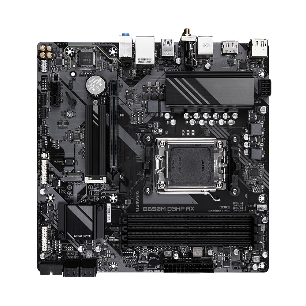 Placa de bază GIGABYTE B650M D3HP AX - Seria AMD Ryzen 9000, VRM cu 5+2+2 faze, până la 7600 MHz DDR5 (OC), 2xPCIe 4.0 M.2, LAN 2,5 GbE, WiFi 6E, USB 3.2 Gen 1