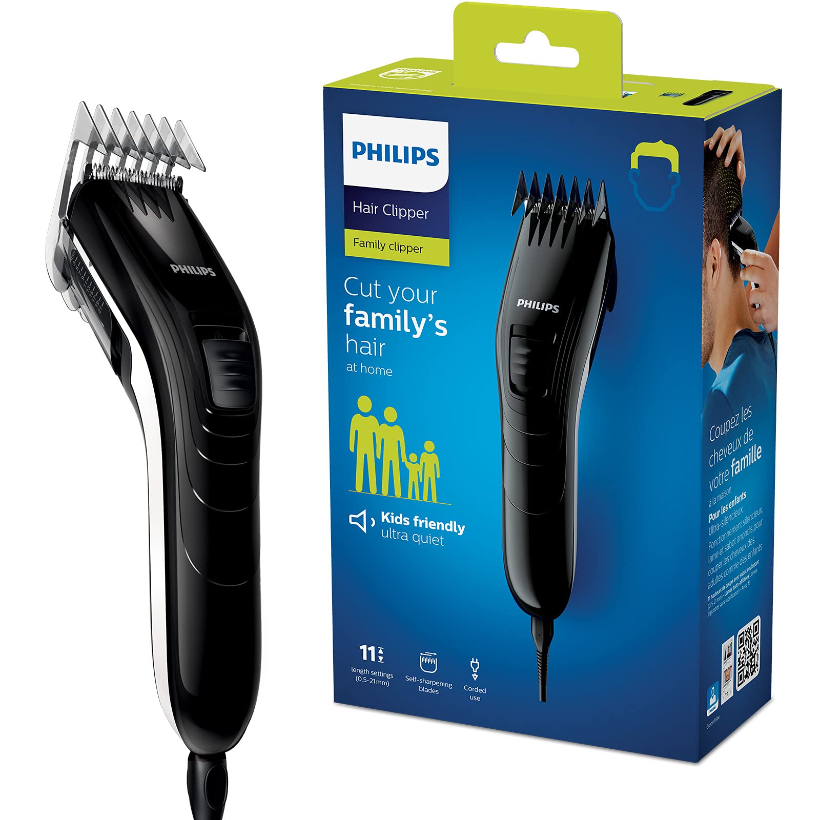 Philips hair trimmer f. d. Whole family QC5115/15 stainless steel blades, 11 length settings, use with cable