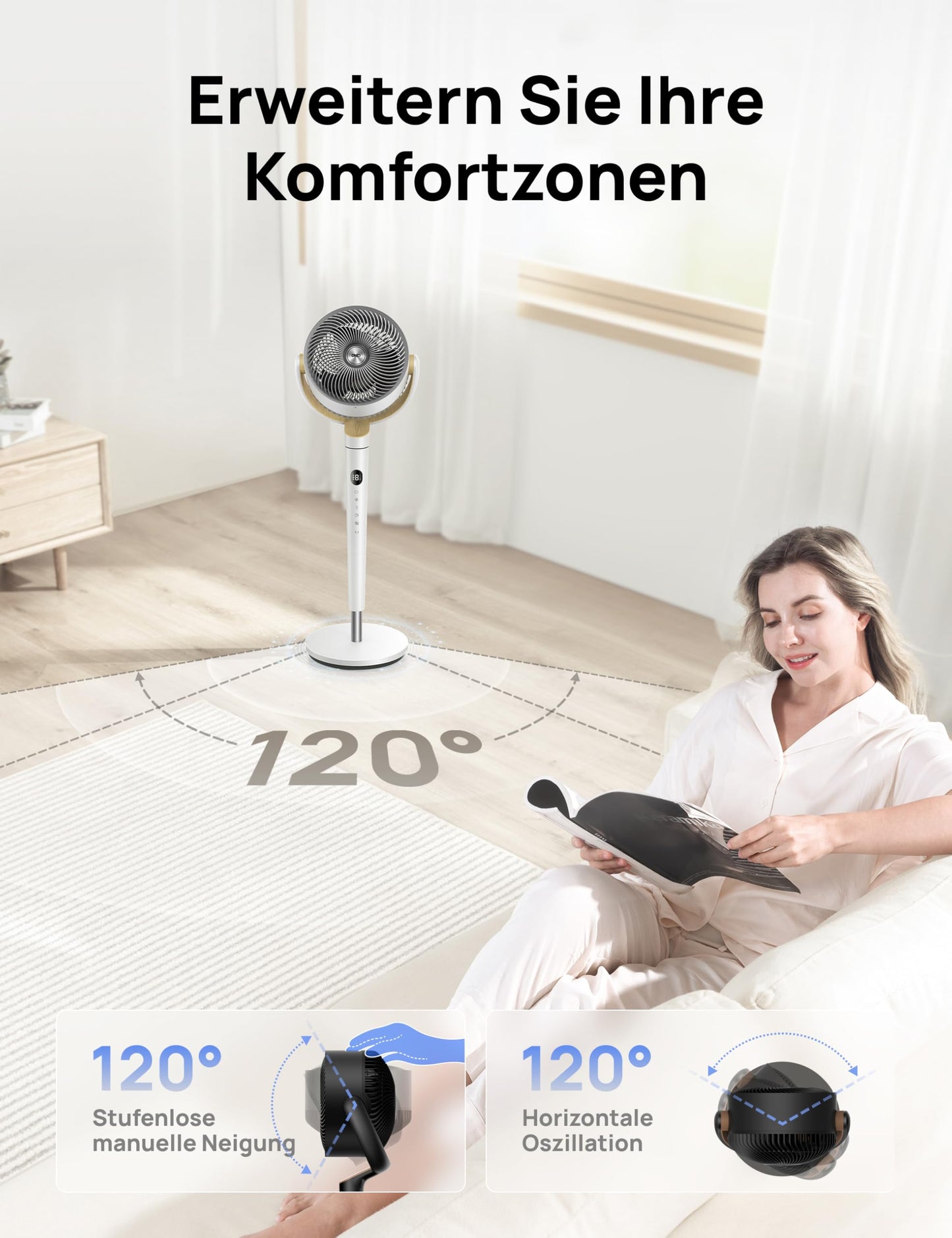 DREO pedestal fan very quiet, large fan with remote control, 20dB silent fan with DC motor, 120° oscillating, 4 modes, 94-107cm height adjustable, floor fan, TurboPoly™ Fan 512, white