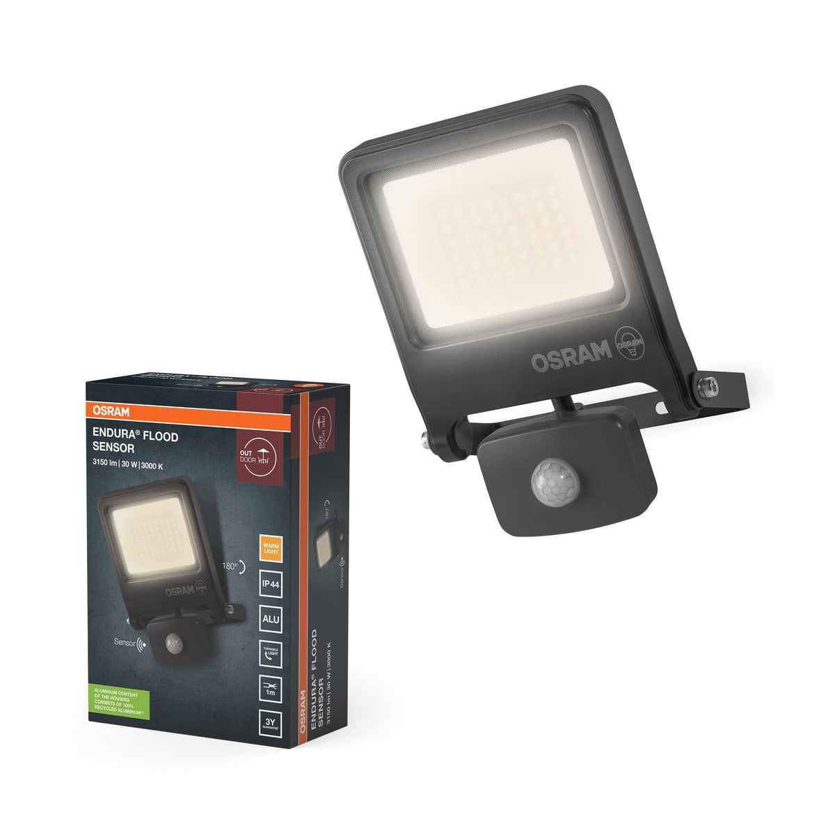 Osram ENDURA Flood Sensor Outdoor Spotlight 30W 3000K Grey IP65 - 4099854659553