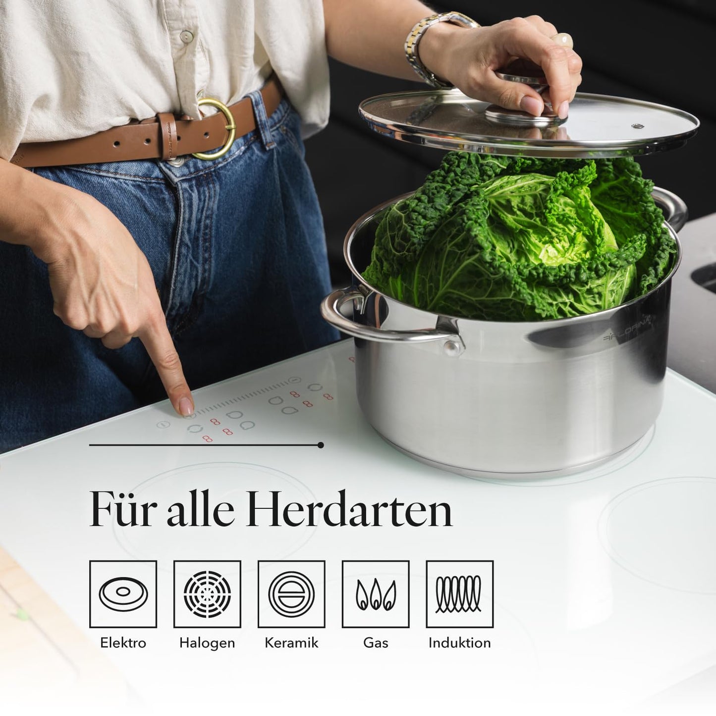 FLORINA stainless steel pot 6 l, 24 cm diameter, energy-saving cooking pot, FALCON, pot with glass lid and measuring scale, 3-layer base, even heat distribution, ideal for all types of stoves - 5G1044