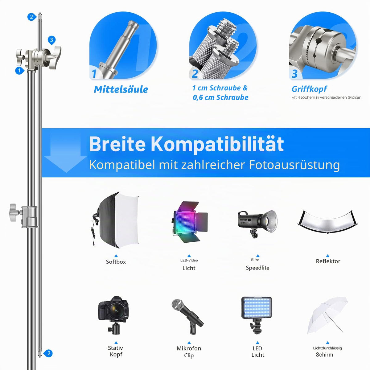 NEEWER Pro 100% Stainless Steel Heavy Duty C Stand with Boom Arm - SC320