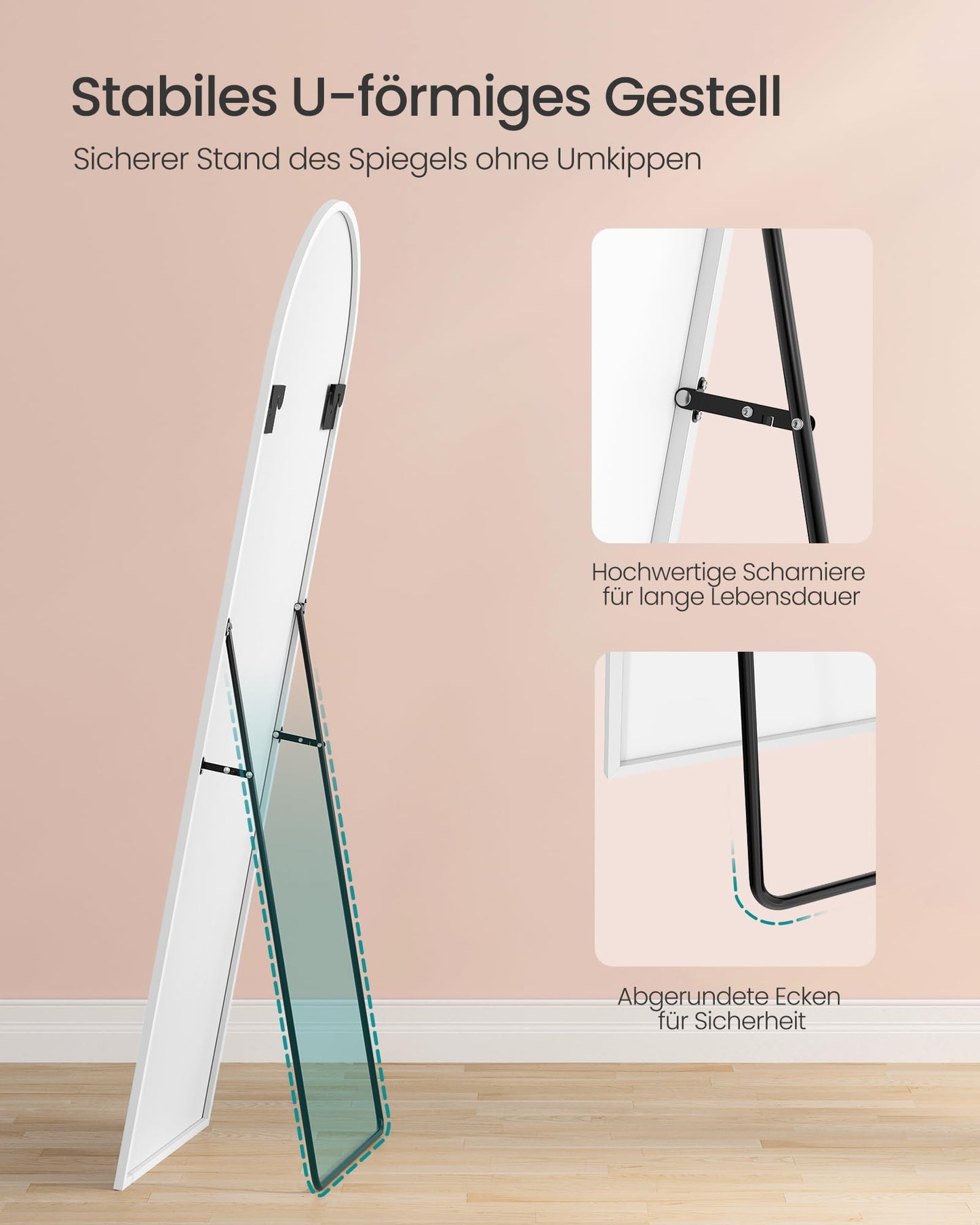 SONGMICS Full Length Mirror 160x50cm Curved Standing Mirror Aluminum Alloy Frame Tempered Glass for Bedroom Living Room Cloakroom Matte White LFM031WC01 - ULFM031WC01