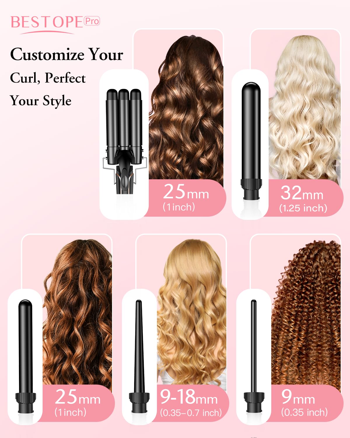 Curling iron curling irons 3 barrels wave iron 5 in 1 - curling iron set 3 barrels for large waves, temperature setting, quick heating and a glove, 2 clips, black - MD-J18