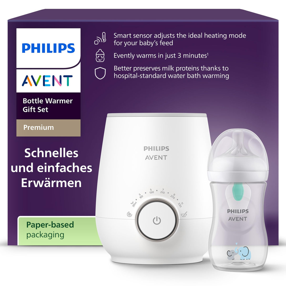 Philips Avent Bottle Warmer Gift Set – Fast Premium Bottle Warmer and Natural Response Baby Bottle, intelligent temperature control, automatic shut-off, defrost function, SCF358/10