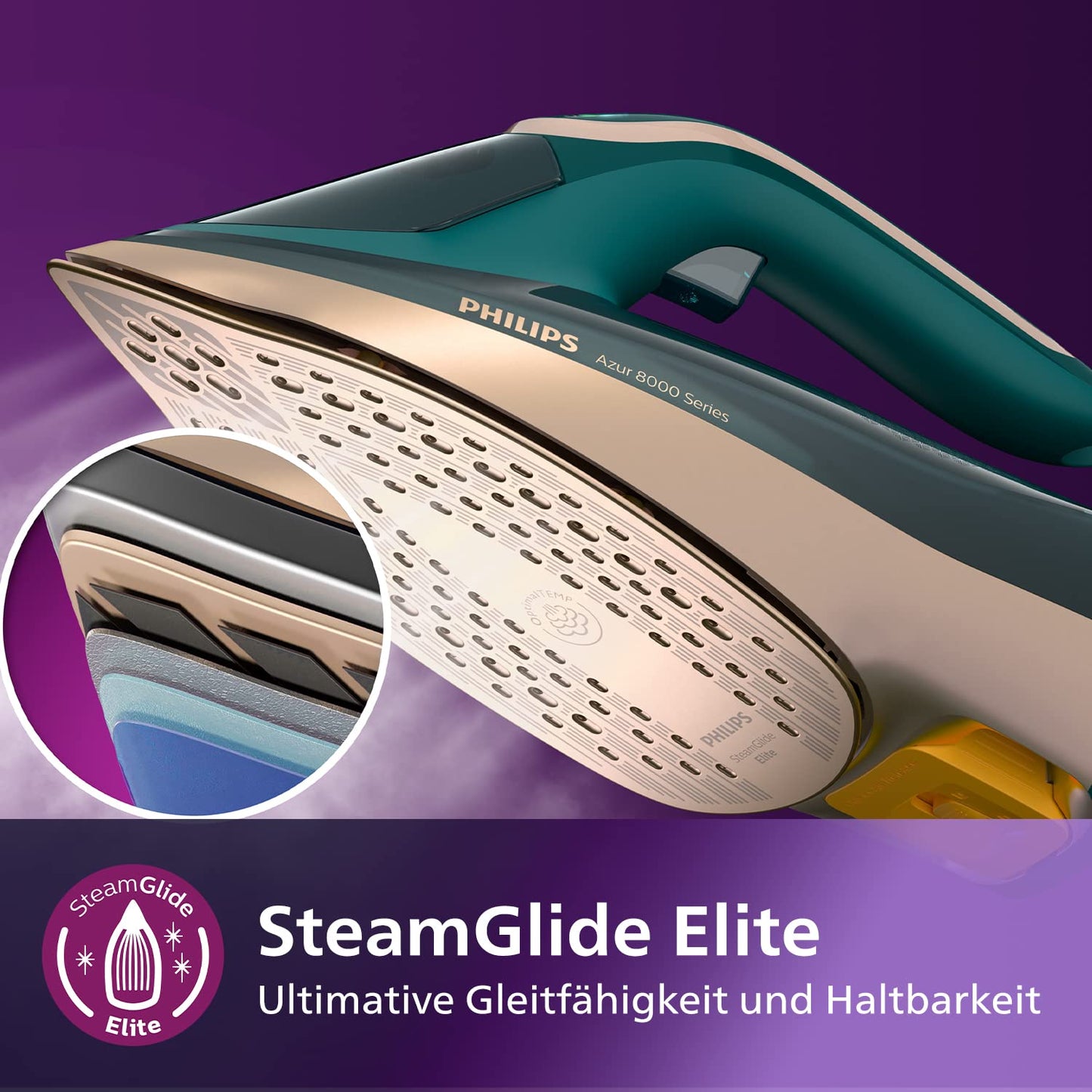 Philips Azur 8000 Series Steam Iron - 70 g/min continuous steam, 240 g turbo steam boost, 3000 W power, OptimalTEMP technology, Green Opal (DST8030/70) - AZ8000-70
