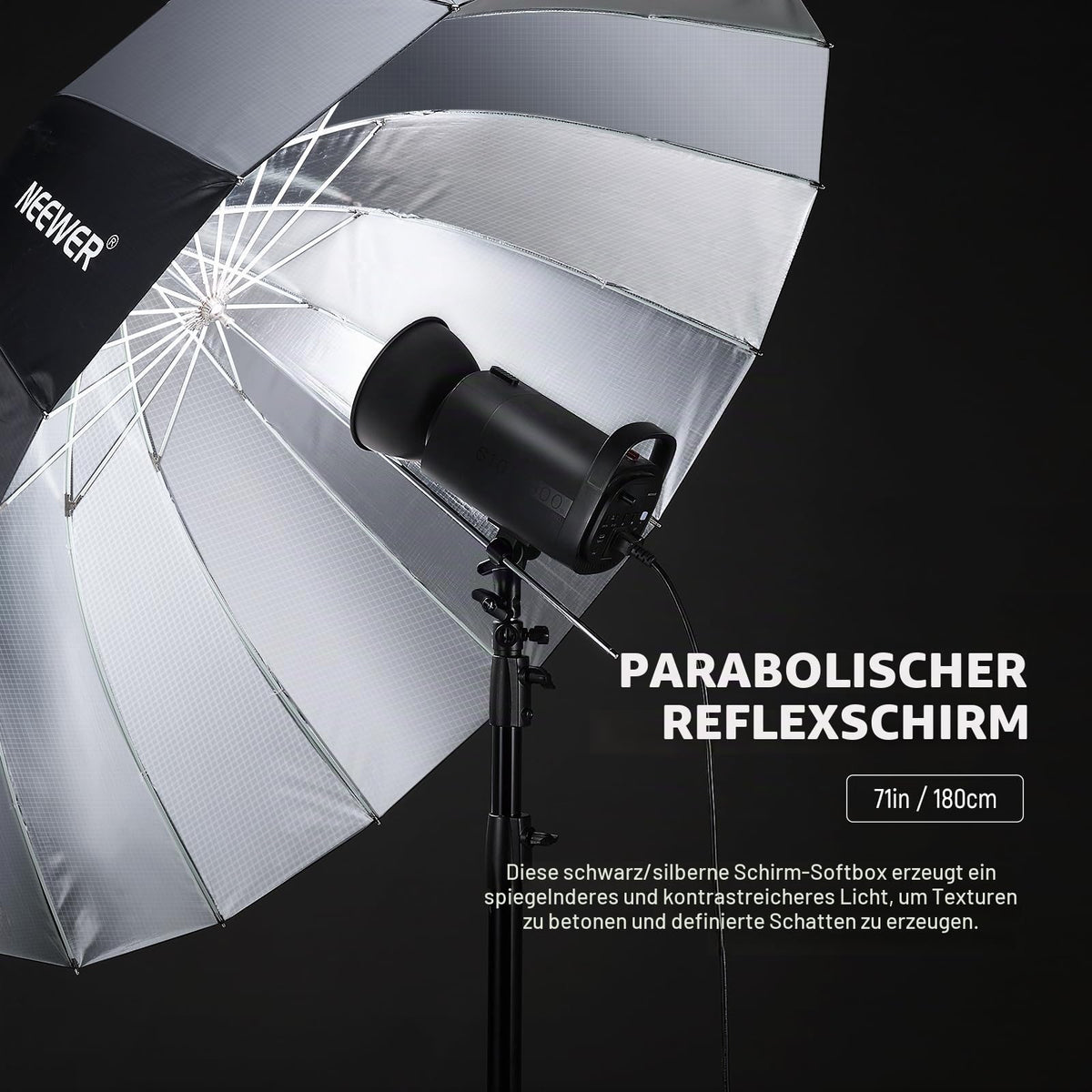 NEEWER Umbrelă parabolică reflectorizantă de 180 cm pentru fotografie, umbrelă de studio cu interior argintiu, iluminare moale cu capac de difuzie, geantă, pliabilă rapid pentru cameră, lumină video, NS4U - 10103475