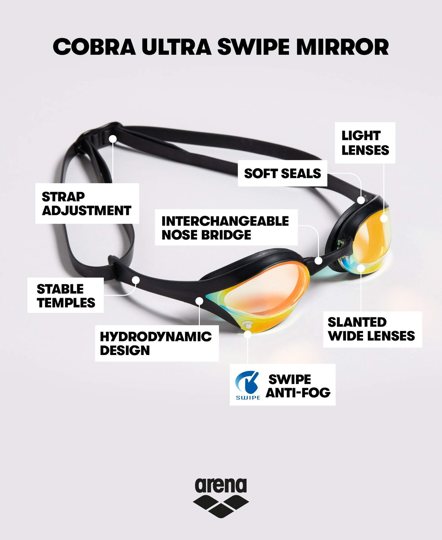 ARENA Cobra Ultra Swipe Mirror Unisex Race Swimming Goggles for Adults, Diving Goggles with Curved Mirror Lenses, Anti-Fog, UV Protection, 5 Interchangeable Nose Bridges - 002507-350-NS