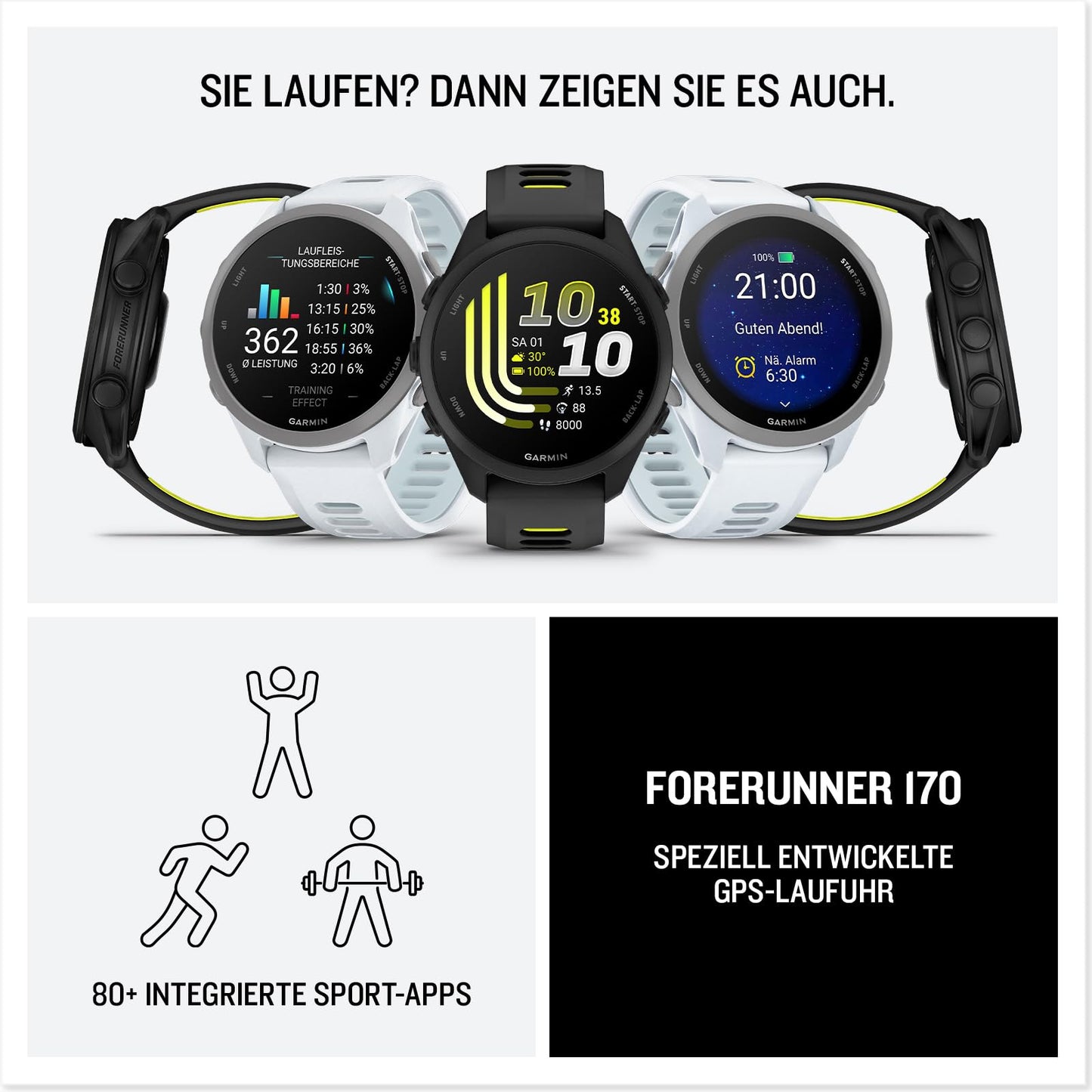 Garmin Forerunner 170 43mm - running smartwatch, 1.2" AMOLED touchscreen, up to 10 days battery life, training recommendations, health data, smart functions, 80+ sports apps, pay - 010-03920-01