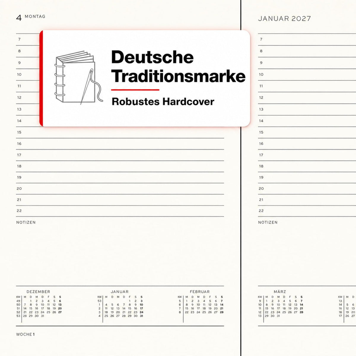 LEUCHTTURM1917 Daily Calendar 2027 Medium (A5) - German, black, 145 x 210 mm, January-December (12 months), 1 page per day, hourly grid 7:00-22:00, hardcover, 80 g/m² paper - 400157