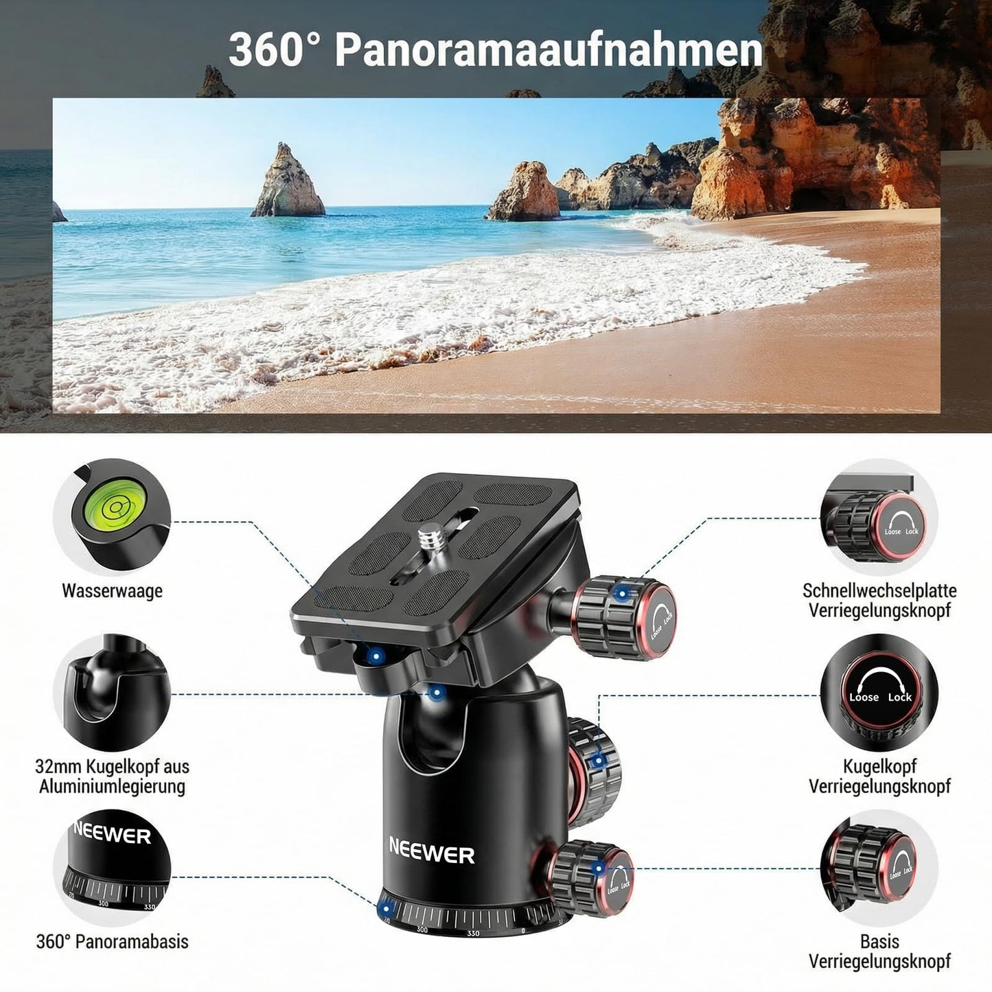 NEEWER 90 inch high horizontal camera tripod monopod with ball head, metal DSLR video travel tripod, Arca type quick release plate and inverted legs, maximum load 10kg/22lbs, TP63