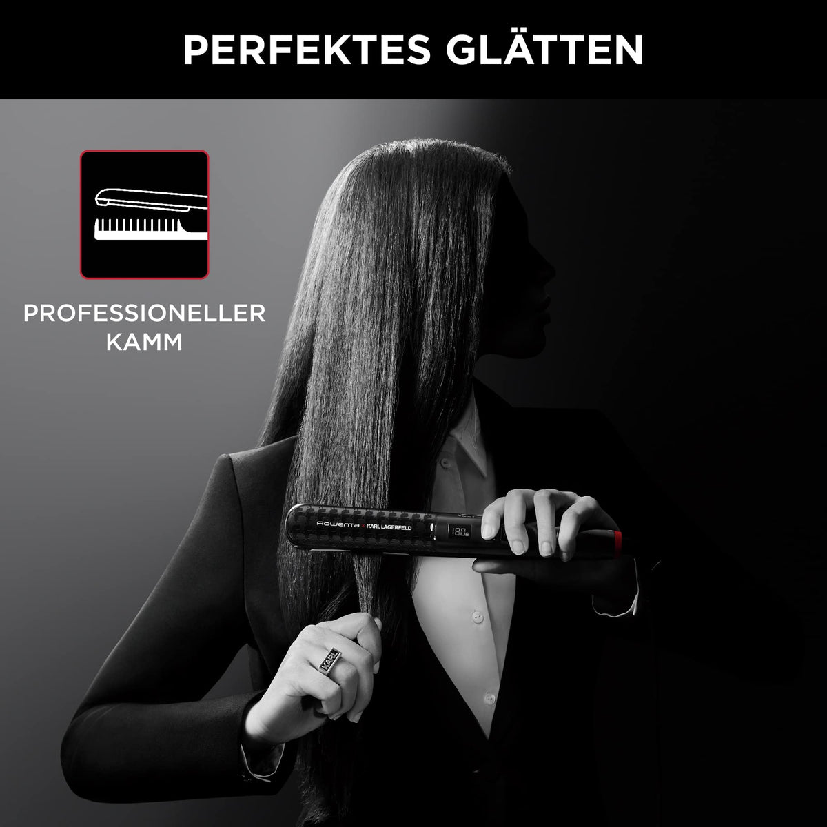 Rowenta x Karl Lagerfeld SF467L K/Pro Stylist Hair Straightener, Keratin & Glow coating, ion function, spring-loaded straightening plates, adjustable temperature from 140°C to 210°C, integrated comb, Black/Red