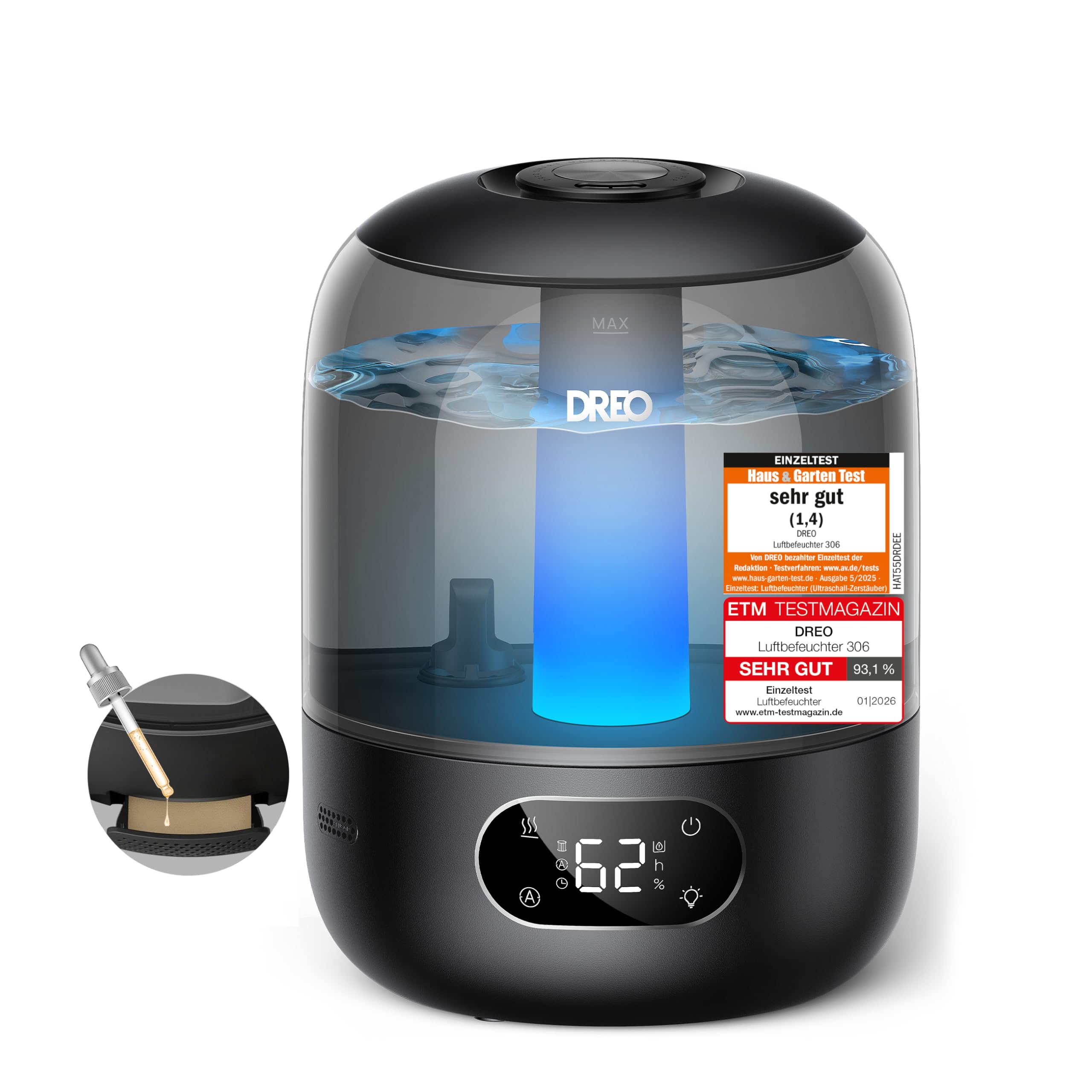 Umidificator de dormitor Dreo, umidificator ultrasonic cu aburi reci 30 de ore, rezervor de 3L cu alimentare superioară, senzor de umiditate, lumină de noapte pentru bebeluși, creșă, plante și casă - DR-HHM006