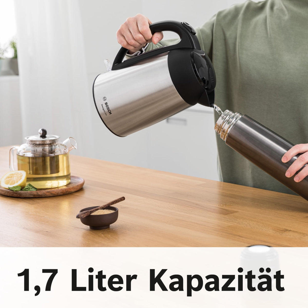 Bosch cordless kettle DesignLine TWK3P420, spill-free pouring, cup indicator, overheating protection, 1.7 L, 2400 W, stainless steel/black