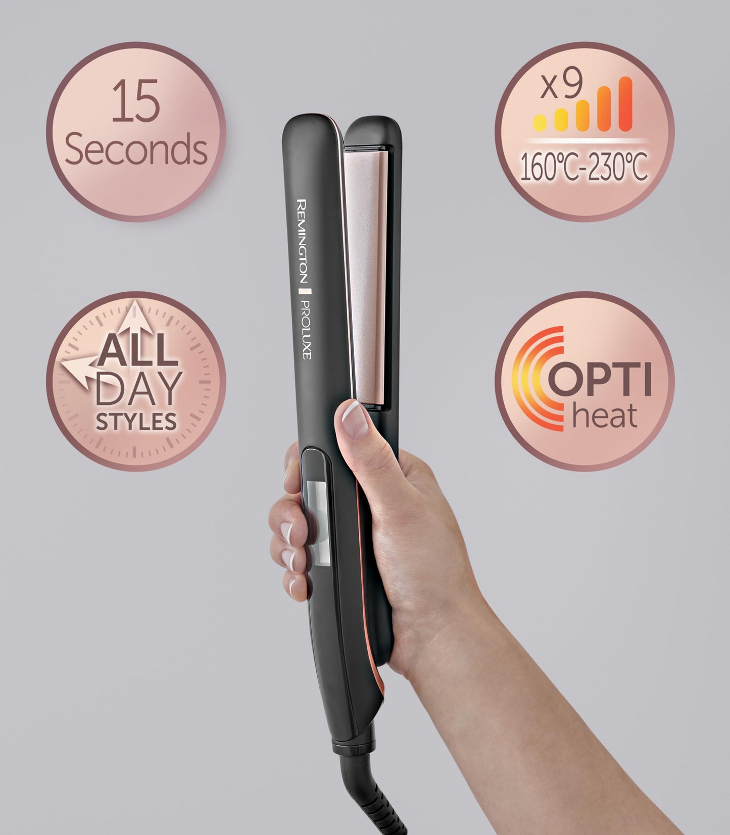 Remington straightening iron [OPTIheat technology for long-lasting styling results] PROluxe Midnight (150-230°C, 110mm long ceramic styling plates, digital display, quick heating) hair straightener S9100B