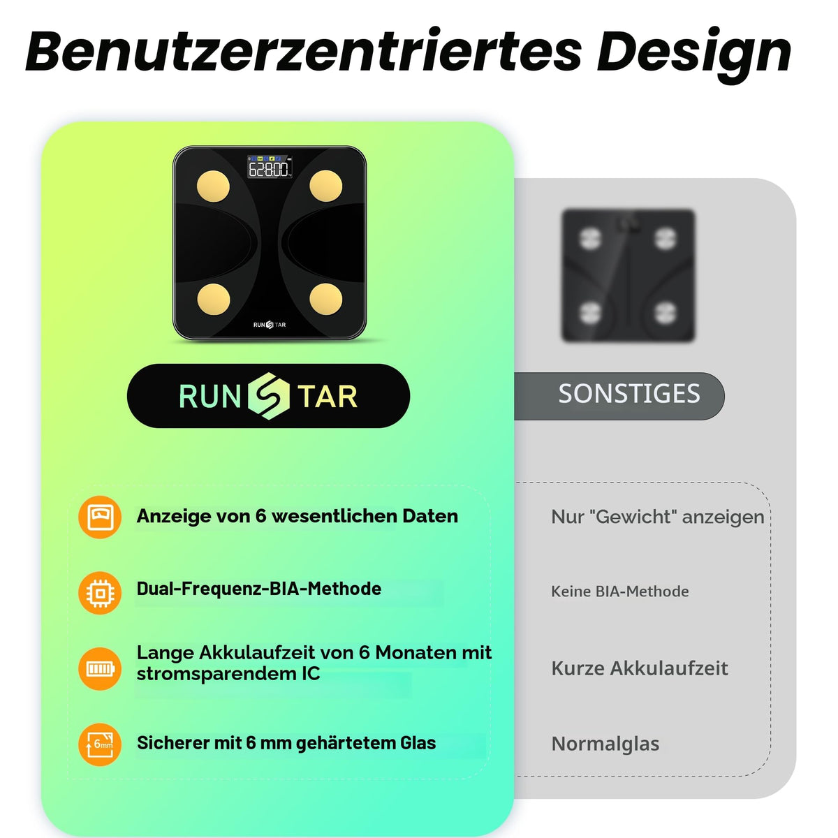 RunSTAR Cântar de grăsime corporală, cântar digital pentru persoane cu display mare, analizor pentru 13 valori esențiale ale corpului, cu sincronizare prin aplicație, Negru Aurit - FG2210-G
