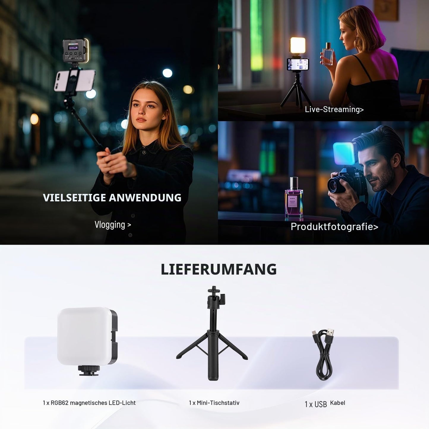 NEEWER Magnetic RGB camera video light, table tripod, 3 cold shoes, APP control CRI97+ 2500-8500K 17 scenes 2000mAh rechargeable photography recording small LED panel lighting RGB62