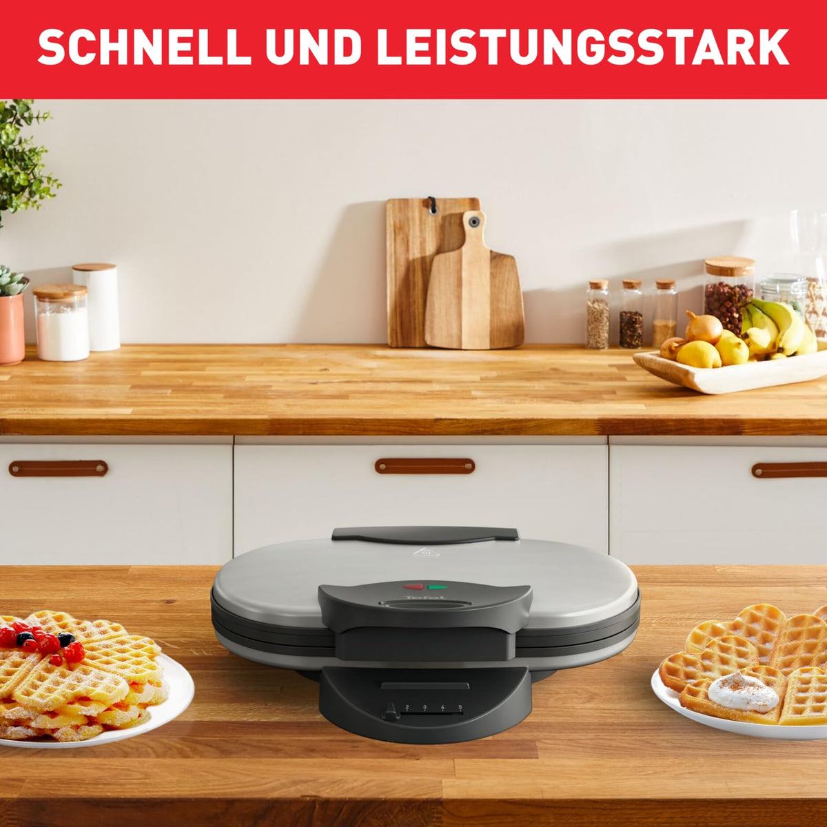 Tefal Double Heart Waffle Maker WM311D, infinitely adjustable temperature control for desired browning, non-stick plates, batter-catching device, 1200W, 37 x 11.4 x 28.5 cm