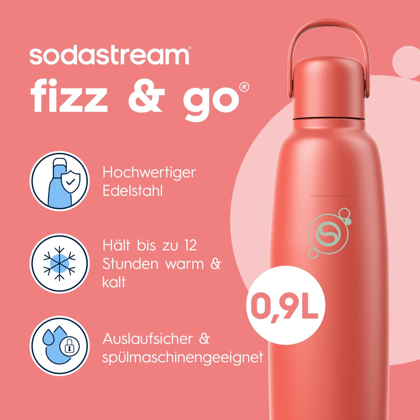 Sodastream Fizz & Go Stainless Steel Soda Bottle 0.9L Double Wall Insulated Thermos Bottle Keeps Hot & Cold for Carbonated Drinks Compatible with DUO, TERRA, ART, ENSO, Papaya Orange - 1062418440