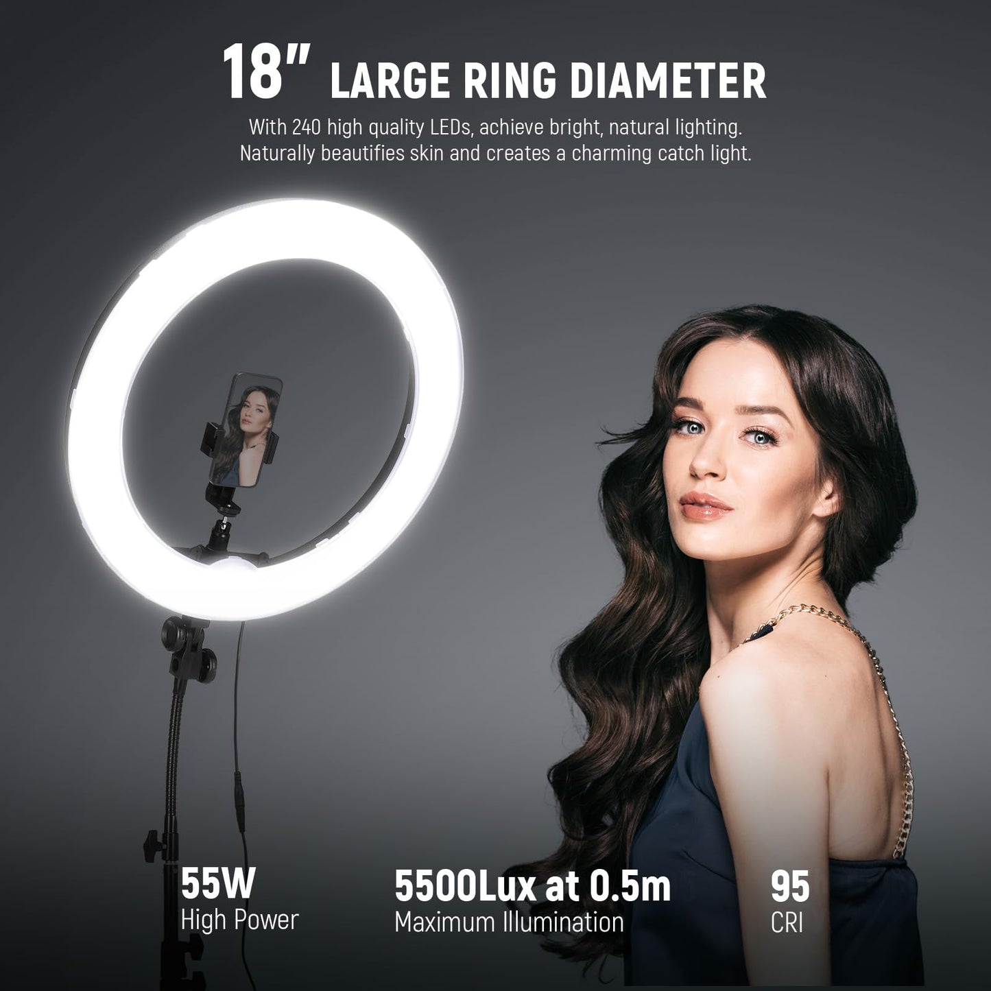 NEEWER ring light with tripod set: 18 inches/45cm outdoor 55W 5600K dimmable LED ring light with Bluetooth remote control for cell phone/camera for YouTube TikTok self portrait photo, tattoo artists, make-up, salons - RL-18
