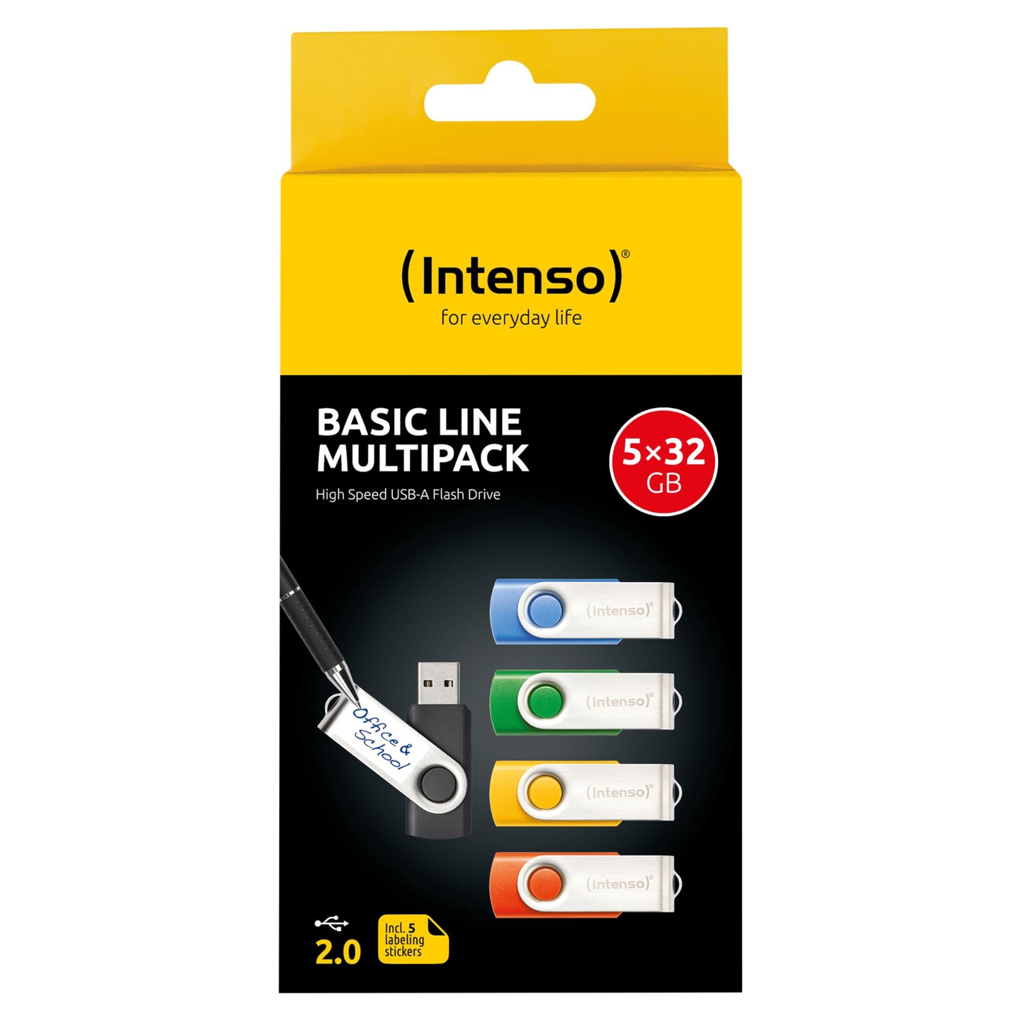 Intenso Basic Line 5X 32 GB USB sticks USB 2.0 with practical labels, yellow, green, black, blue + orange, with silver metal bracket, pack of 5: Amazon.de: Electronics & Photo - 3503585