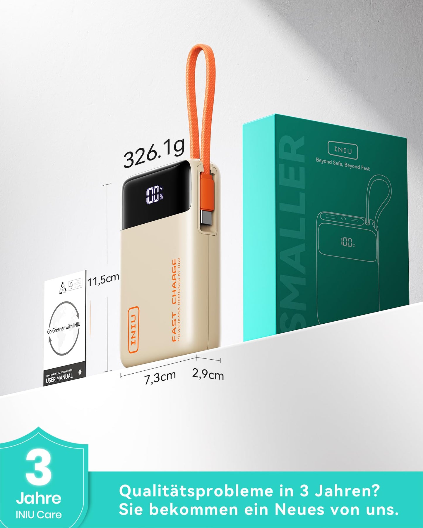 INIU 45W Power Bank, Ultra Small 20000mAh Power Bank with Integrated USB C Cable, Fast Charging External Mobile Phone Batteries, Suitable for Flight, Travel Essential for Emergencies, Power Outages, iPhone 17 16, Beige - P51L