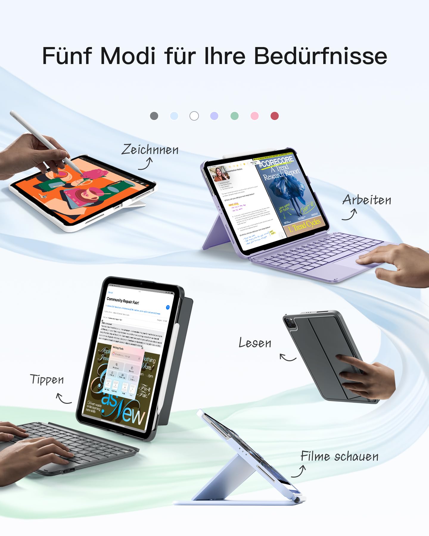 Inateck case with keyboard, ultralight keyboard for iPad 10/11 generation A16 2025 11 inch, iPad Air 11" M3/M2 (2025/2024), Air 5/4, Pro 11 4/3/2/1, removable, with touchpad, QWERTZ, AceTouch KB04122 - KB04122-G-DE