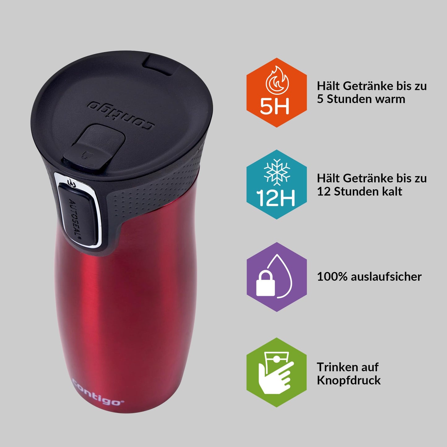 Contigo thermo mug West Loop Autoseal, stainless steel insulated mug, travel mug, coffee mug to go, leak-proof, 100% leak-proof, keeps hot for up to 5 hours/cold for 12 hours, 470 ml, BPA free, red - 2095849