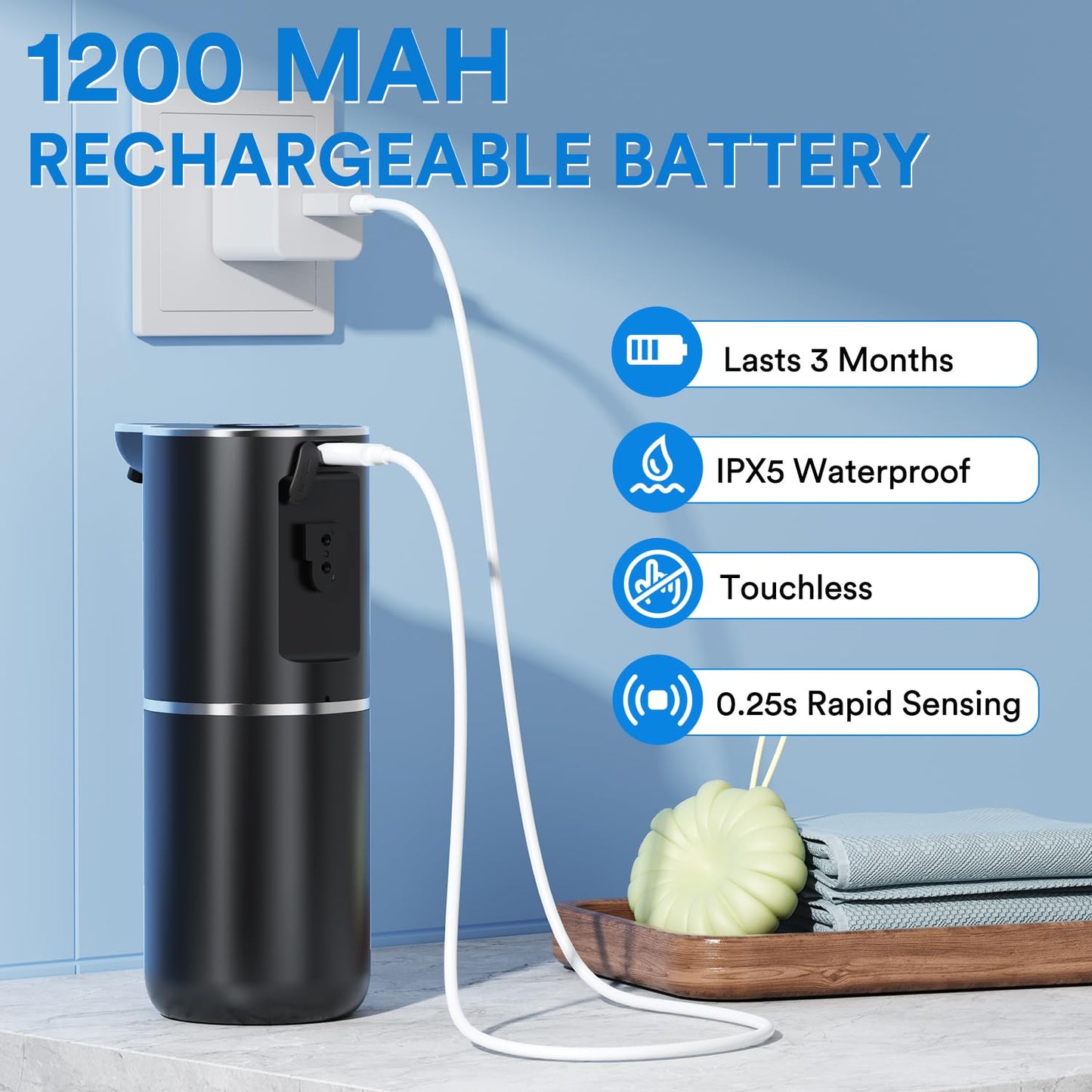 Soap dispenser automatic with digital display, 380 ml electric soap dispenser with sensor, wall mounting, contactless, USB rechargeable IPX5 waterproof for bathroom, kitchen - P18
