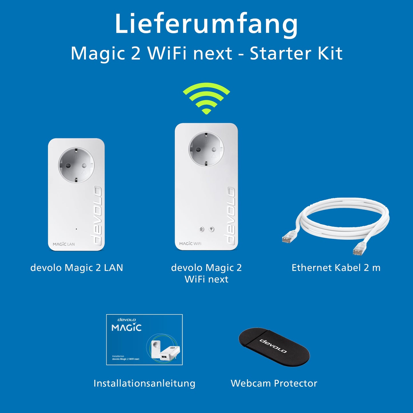 devolo Magic 2 WiFi next Starter Kit, WiFi Powerline Adapter, up to 2,400 Mbit/s, Mesh WiFi socket, 2x Gigabit LAN port, dLAN 2.0, white - 8634