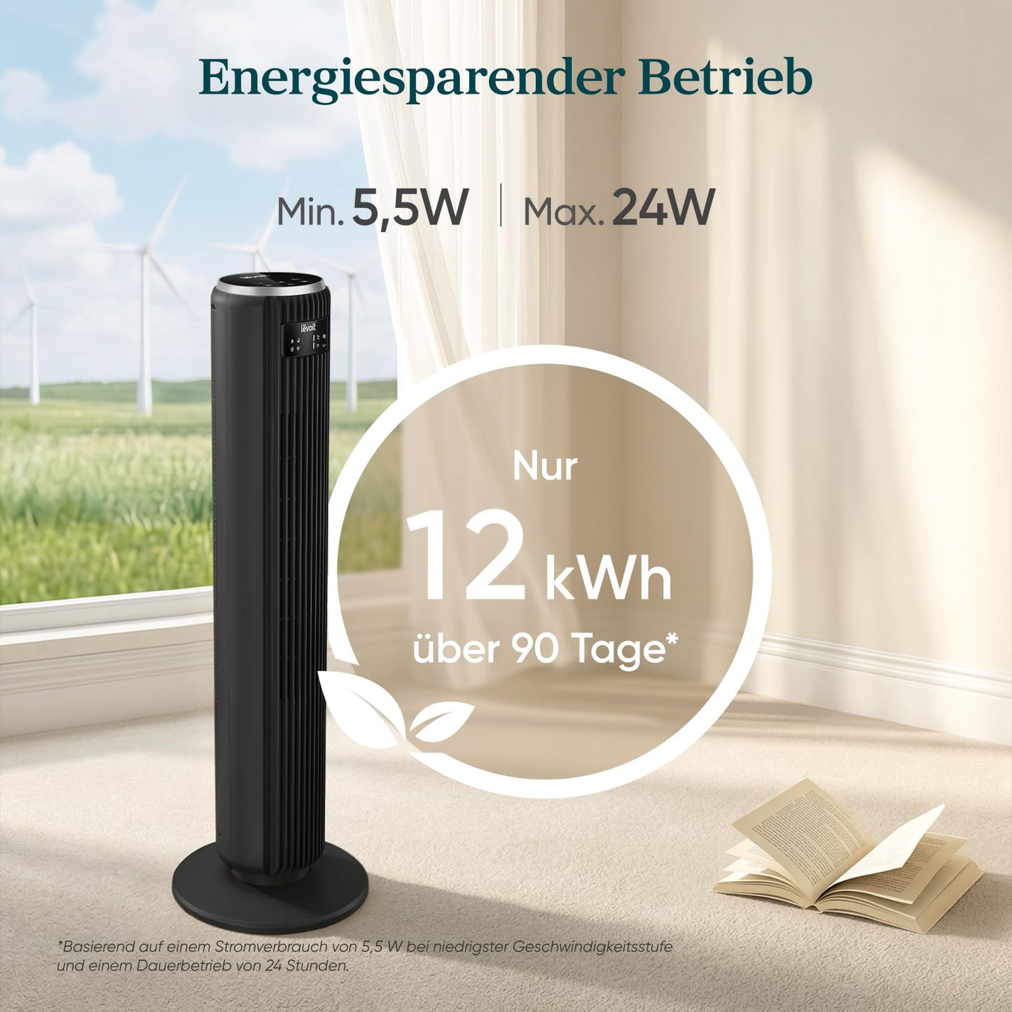 Levoit - DC motor tower fan - 20dB very quiet fan - 4 modes/12 levels/12 hour timer - remote control & cooling - tower fan with 7.9m/s speed - 24W pedestal fan - black, 92 cm - LTF-F362-KEU