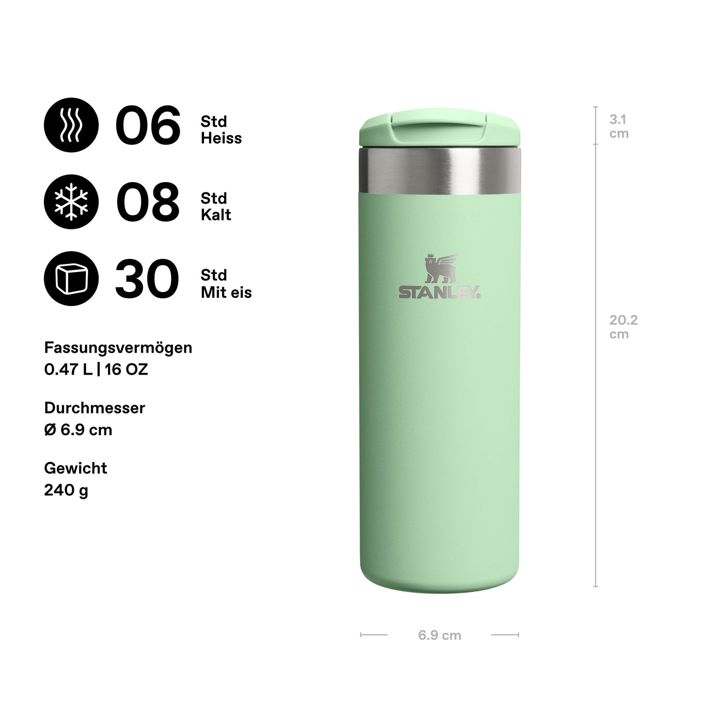 Stanley 1913 Aerolight Transit Thermo Mug 0.47L - Keeps Hot for 6 Hours - Dishwasher Safe - Coffee Mug To Go Leak-Proof - Compatible with Common Car Drink Holders - Pistachio - 100000112449