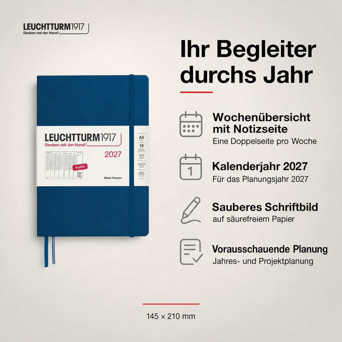 LEUCHTTURM1917 Weekly Planner 2027 Medium (A5) - English, Indigo, 210 x 145 mm, January-December (12 months), weekly overview with hourly grid 7:00-22:00 per column, hardcover, 80 g/m² paper - 400318