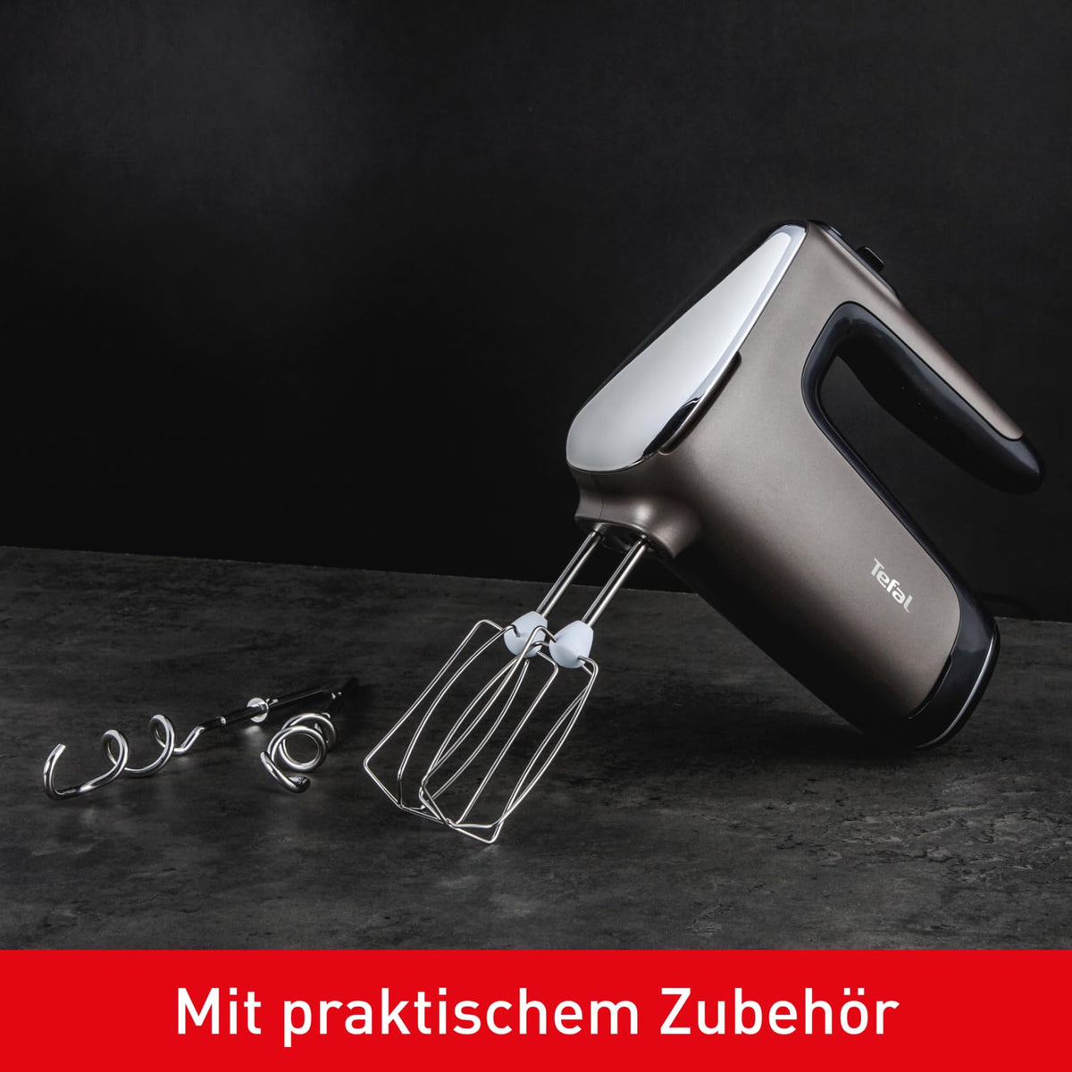 Tefal Power Mix Silence Mixer de mână, 600 Watt, regulator de viteză variabil, funcție Turbo și de ejectare, motor extrem de silențios, aparat de amestecat inclusiv 2 teluri și 2 cârlige de frământat, gri, HT650E38