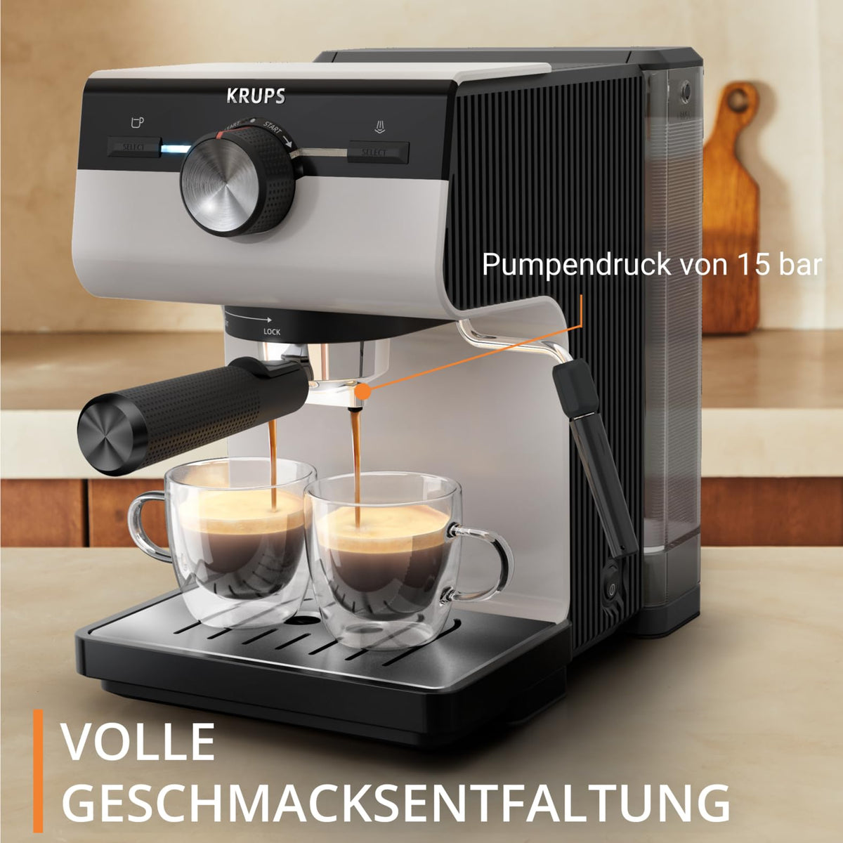 Krups Authentic Espresso Machine, 15 bar, intuitive operation, refined design, integrated steam nozzle, 2 L water tank, including accessories, Grey/Cream, XP381B10