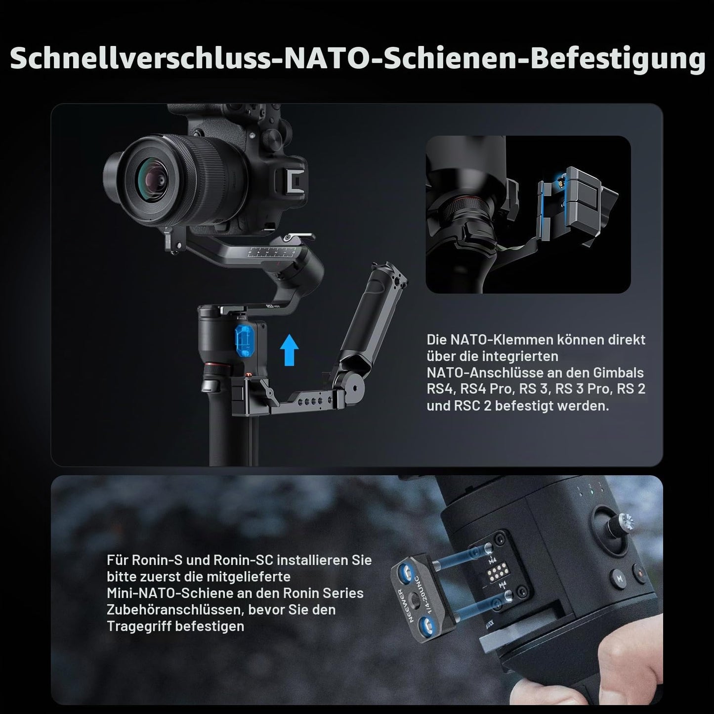 NEEWER RS4 RS3 adjustable gimbal carrying handle with NATO rail, compatible with DJI RS4/RS4Pro/RS3/RS3Pro/RS3Mini/RS2/RSC2/Ronin S/Ronin SC for shooting from low angles, max. load capacity 6kg, ST49 - 10104118