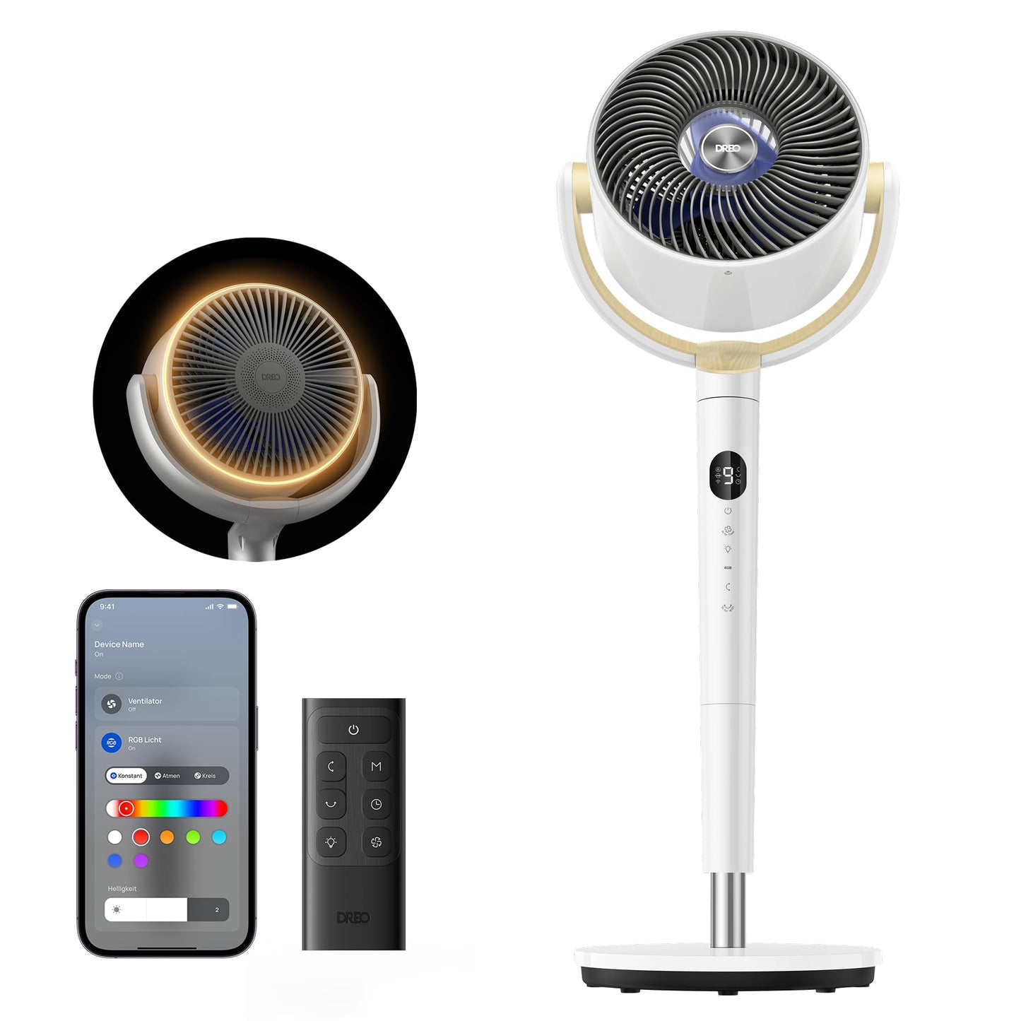 Dreo Smart Pedestal Fan with RGB Light, 120° +120° Oscillating Fan with Remote Control, 20dB Quiet Floor Fan for Bedroom, 90ft, 8H Timer, White - DR-HPF008S