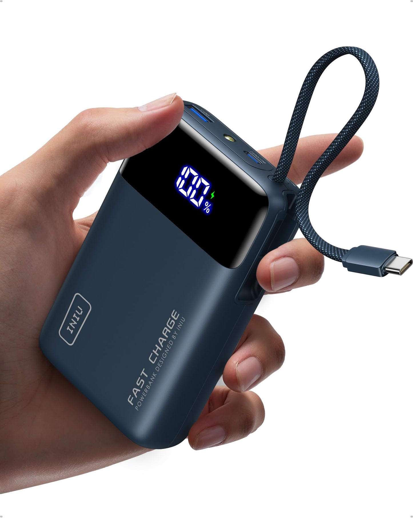 INIU 45W power bank, ultra small 20000mAh power bank with integrated USB C cable, quick charging external mobile phone batteries, suitable for flight, travel essential for air travel, hand luggage, long flights, blue - P51L
