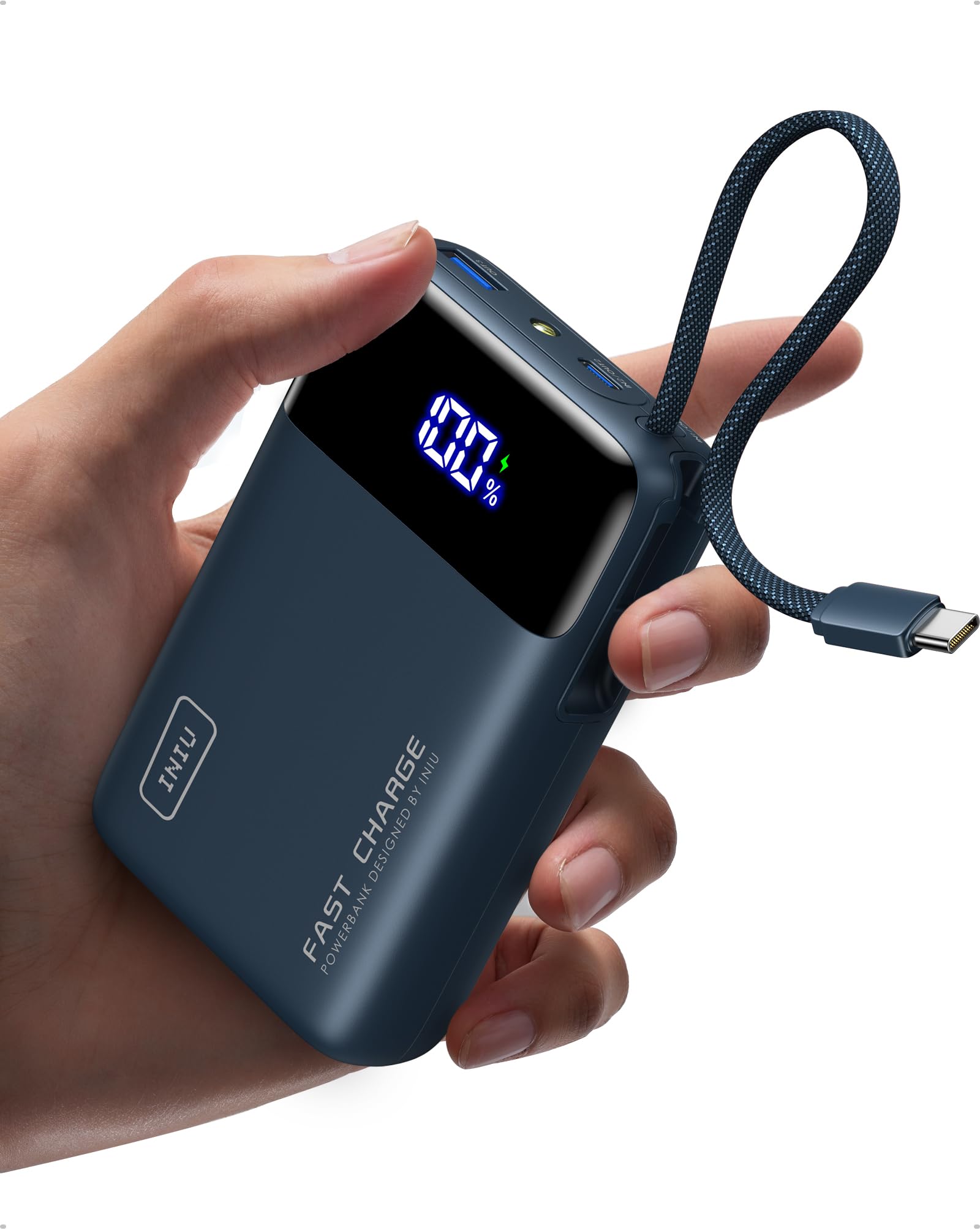 INIU 45W power bank, ultra small 20000mAh power bank with integrated USB C cable, quick charging external mobile phone batteries, suitable for flight, travel essential for air travel, hand luggage, long flights, blue - P51L