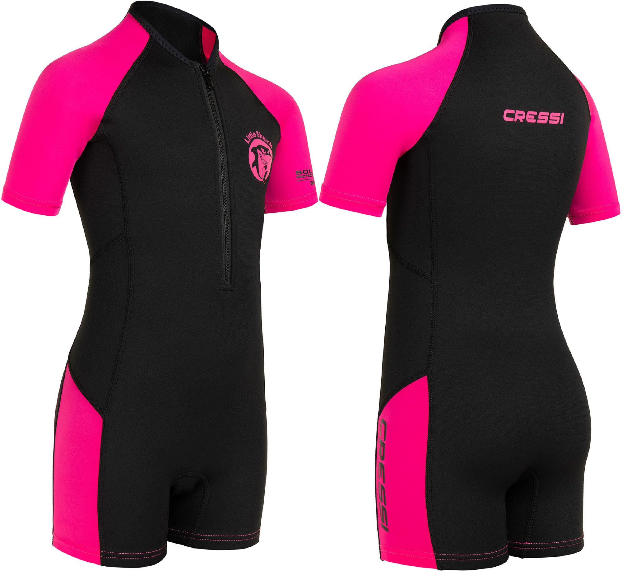 Cressi Shorty 2mm children's wetsuit - children's swimming suit with UV, cold protection, jellyfish protection - girls & boys swimming suit - black/pink - 13/14 years - DG003108